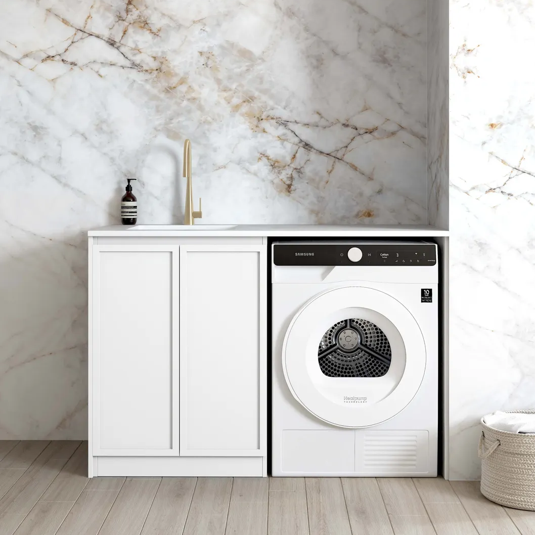 OTTI HAMPSHIRE MATTE WHITE 1300MM BASE LAUNDRY CABINET WITH STONE TOP & SINK