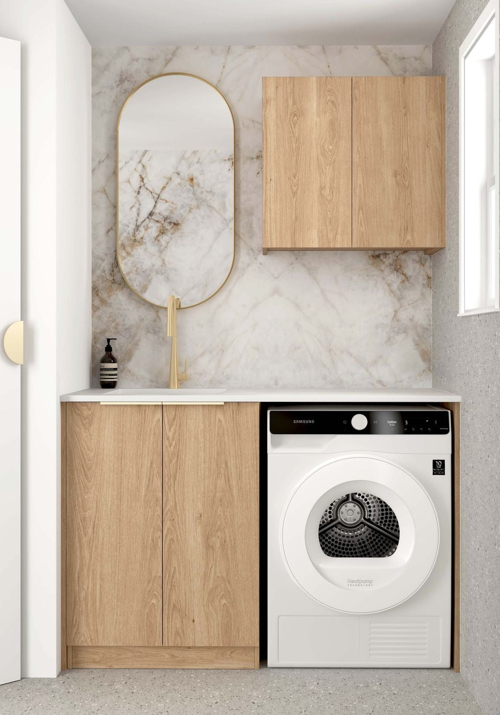 OTTI BYRON NATURAL OAK 1300MM LAUNDRY AND WALL CABINET WITH STONE TOP & SINK (PACKAGE-A)