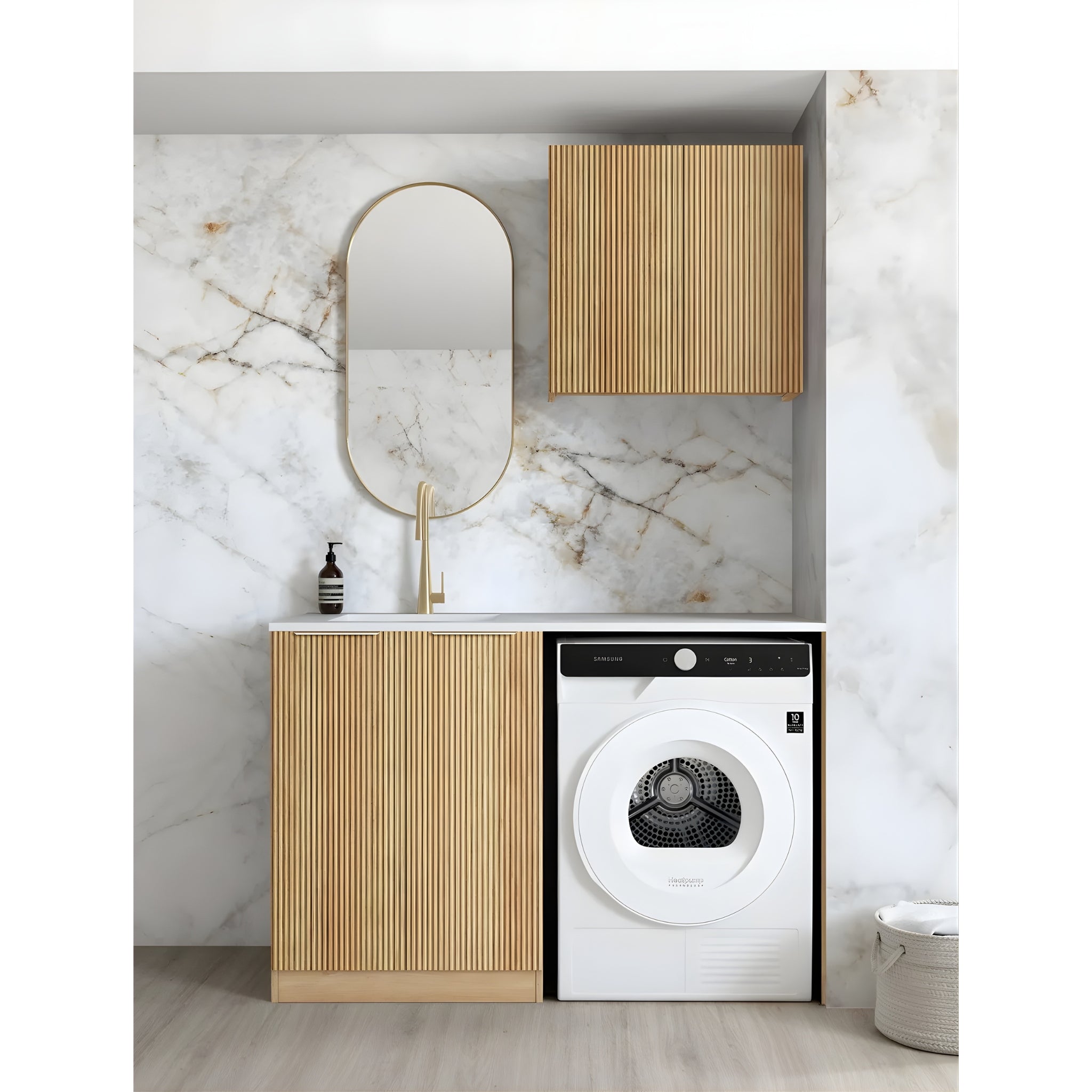 OTTI HAVANA WOODLAND OAK FLUTED 1305MM LAUNDRY AND WALL CABINET WITH STONE TOP & SINK (PACKAGE-A)