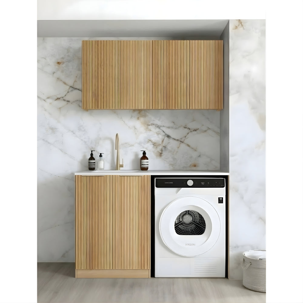 OTTI HAVANA WOODLAND OAK FLUTED 1305MM LAUNDRY AND WALL CABINET WITH STONE TOP & SINK (PACKAGE-B)