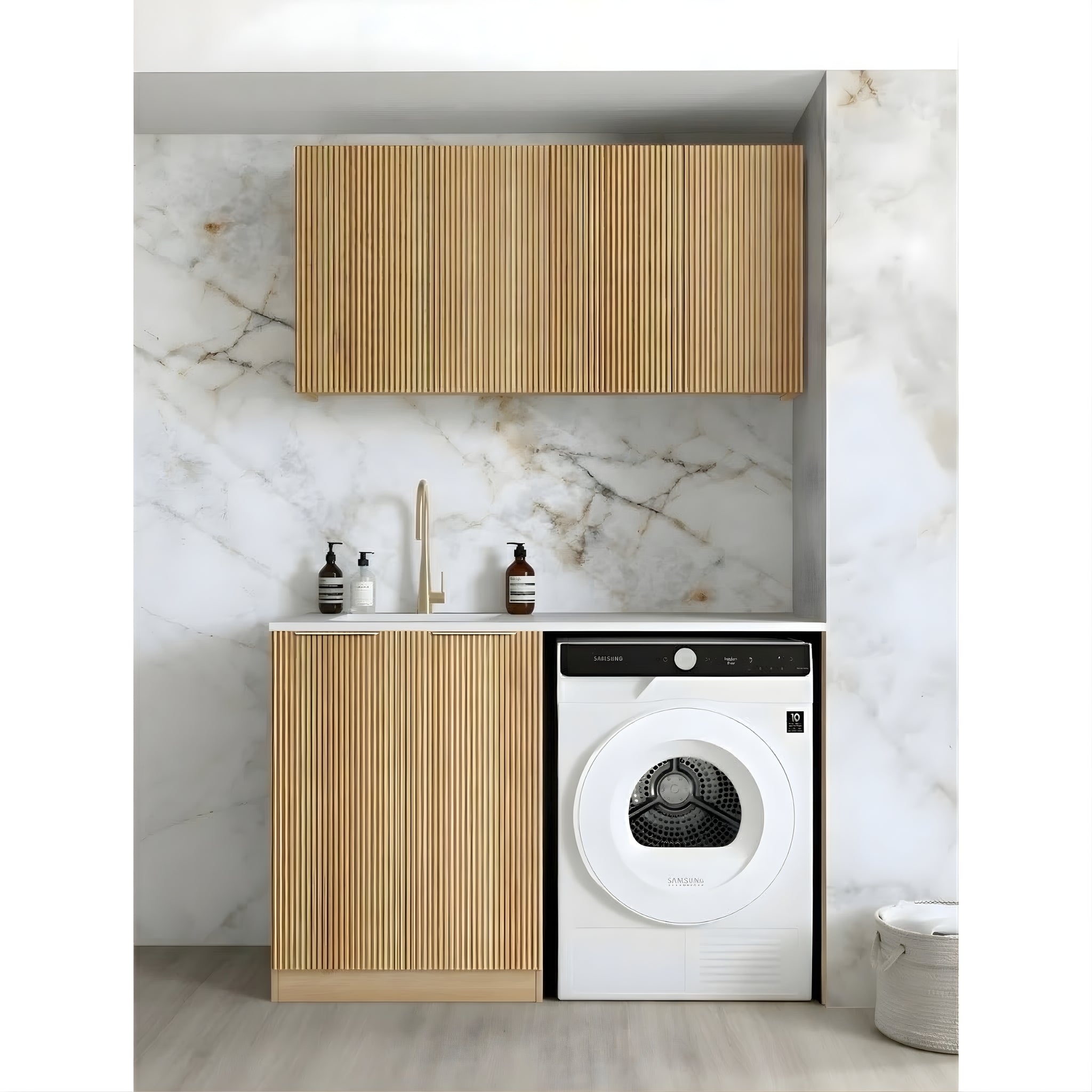 OTTI HAVANA WOODLAND OAK FLUTED 1305MM LAUNDRY AND WALL CABINET WITH STONE TOP & SINK (PACKAGE-B)