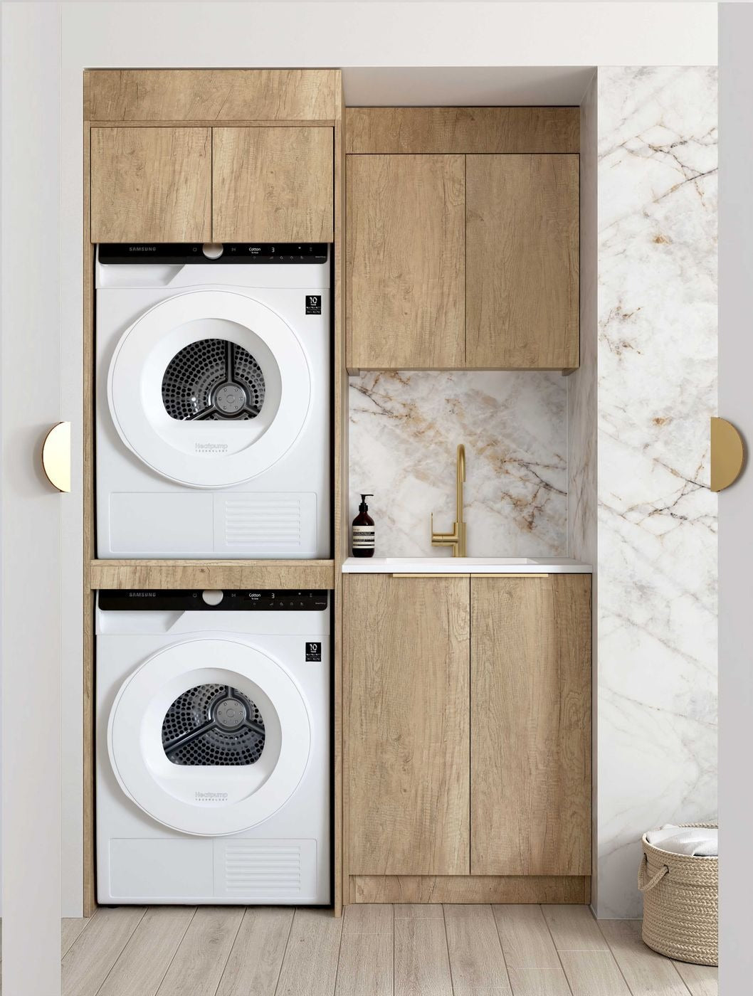 OTTI BYRON NATURAL OAK 1300MM LAUNDRY AND WALL CABINET WITH STONE TOP & SINK (PACKAGE-C)