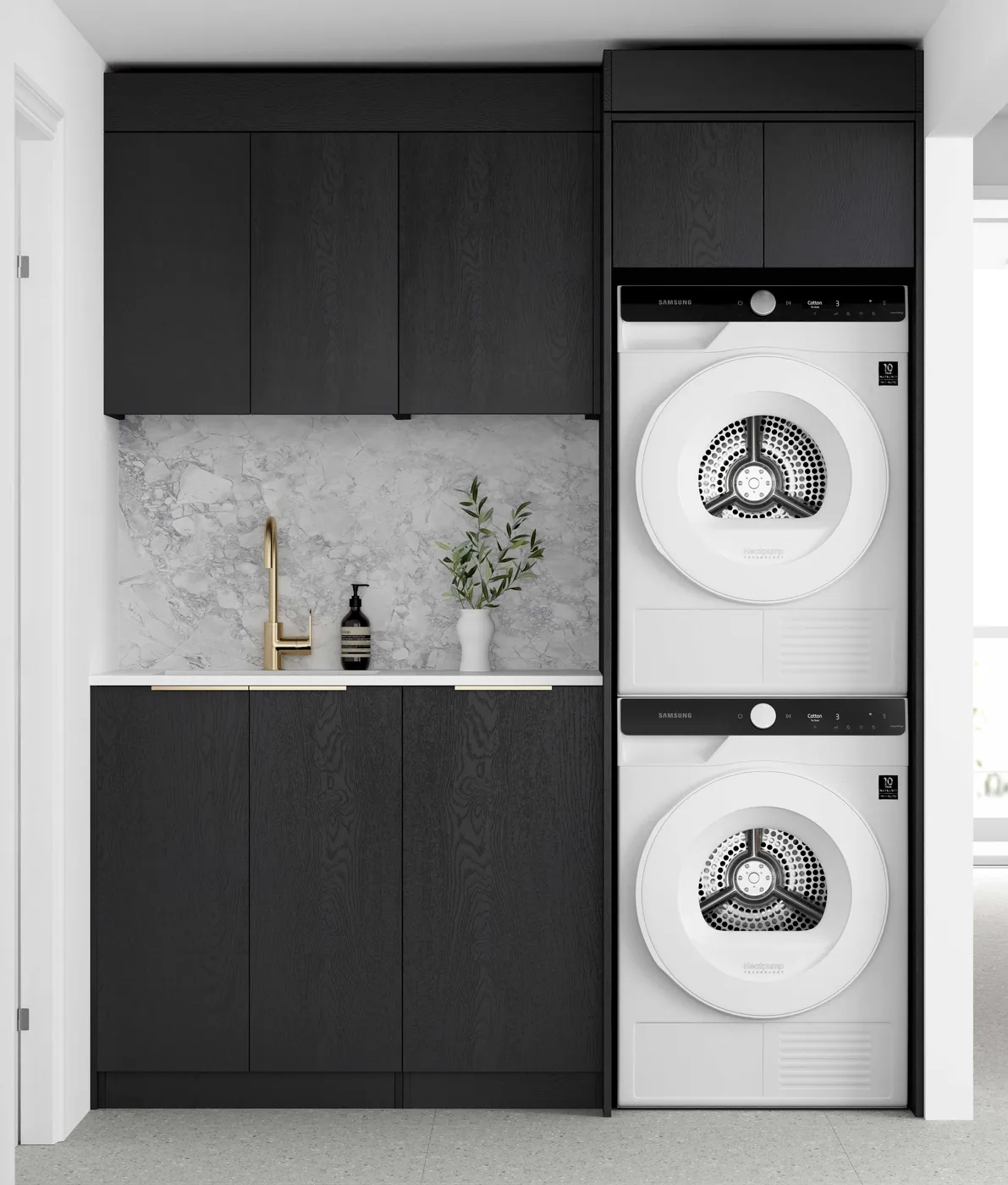 OTTI BYRON BLACK OAK 1715MM LAUNDRY AND WALL CABINET WITH STONE TOP & SINK (PACKAGE-C)