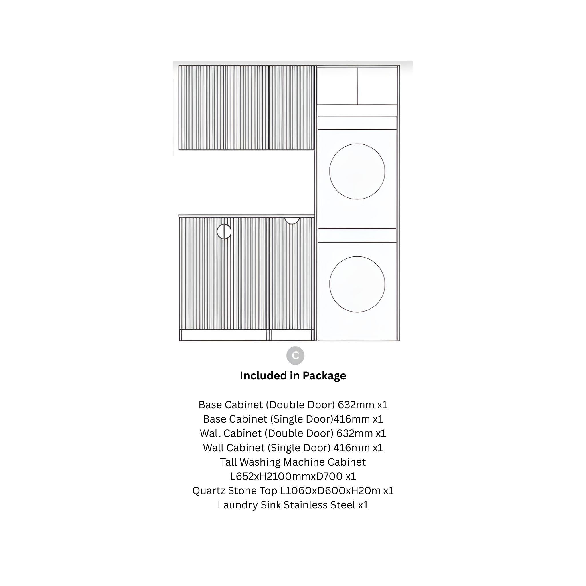 OTTI MARLO MATTE BLACK 1715MM LAUNDRY AND WALL CABINET WITH STONE TOP & SINK (PACKAGE-C)