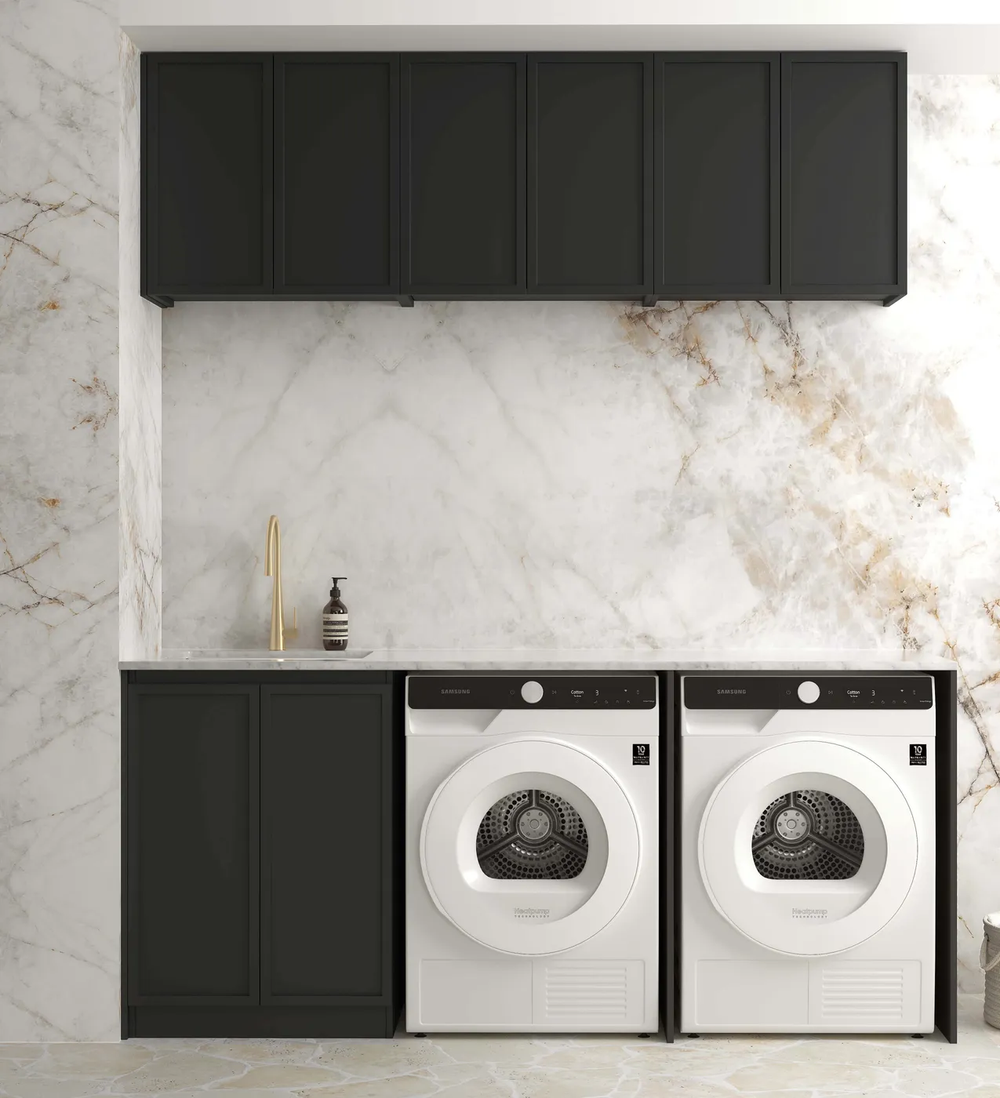 OTTI HAMPSHIRE MATTE BLACK 1960MM LAUNDRY AND WALL CABINET WITH STONE TOP & SINK (PACKAGE-A)