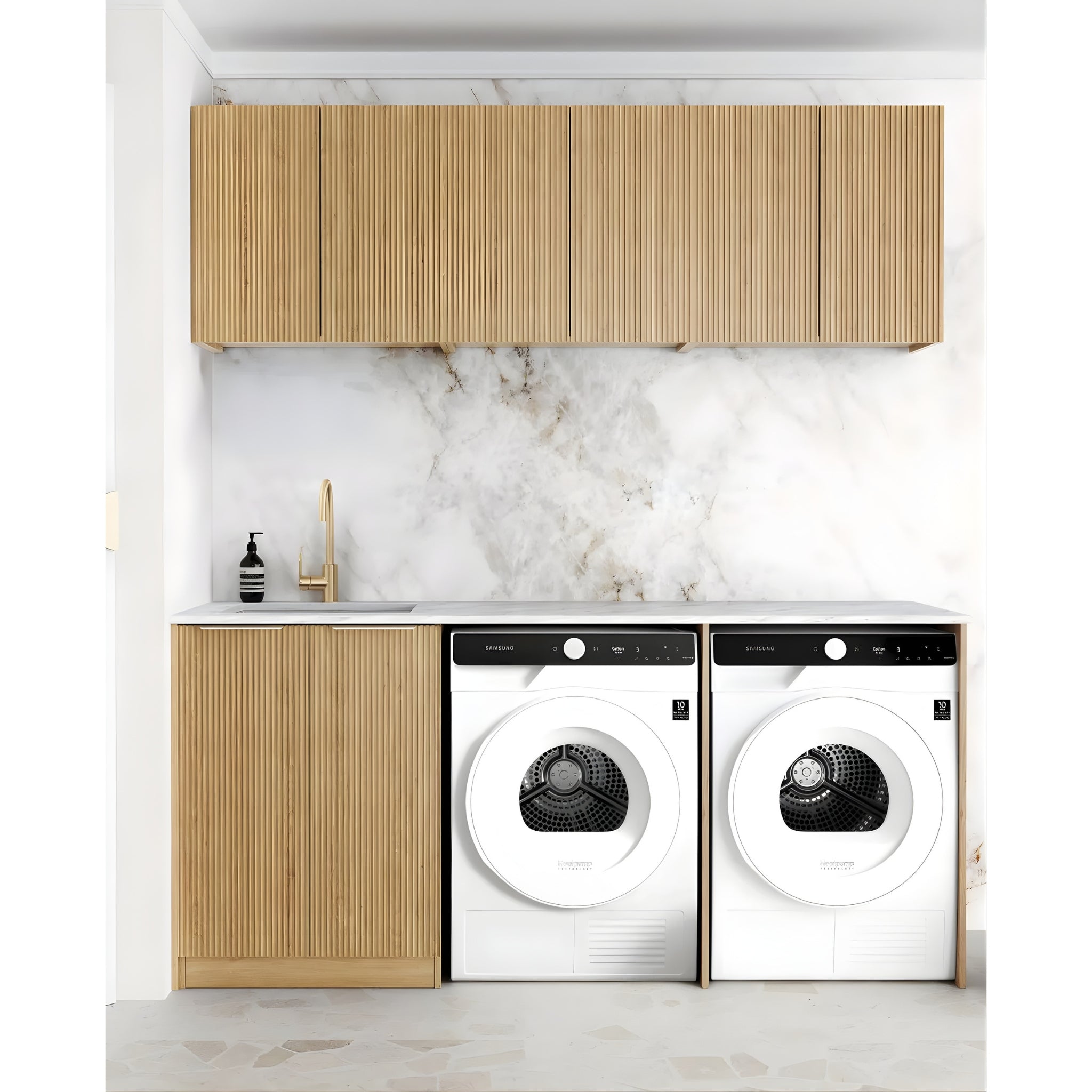 OTTI HAVANA WOODLAND OAK FLUTED 1960MM LAUNDRY AND WALL CABINET WITH STONE TOP & SINK (PACKAGE-A)