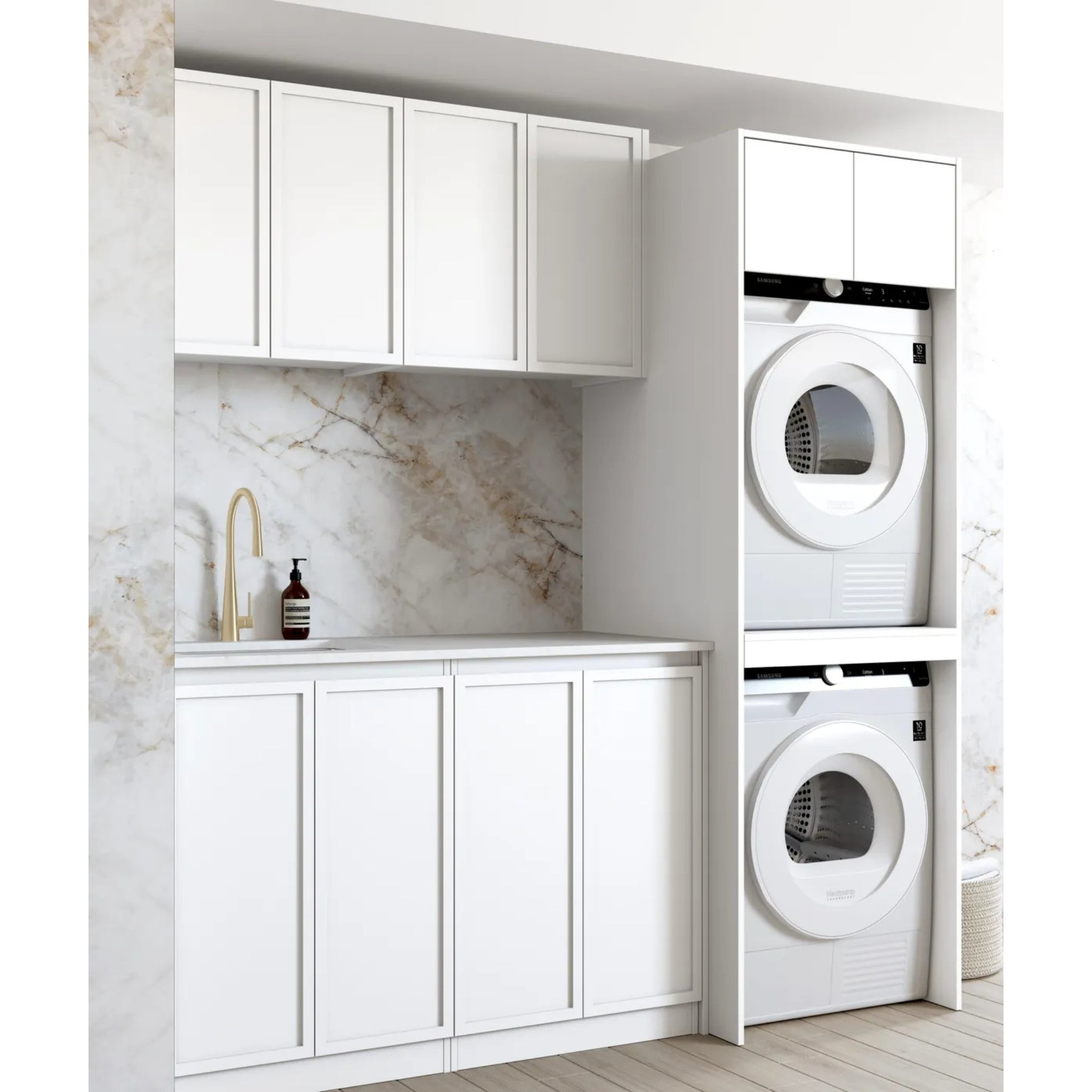 OTTI HAMPSHIRE MATTE WHITE 1960MM LAUNDRY AND WALL CABINET WITH STONE TOP & SINK (PACKAGE-C)