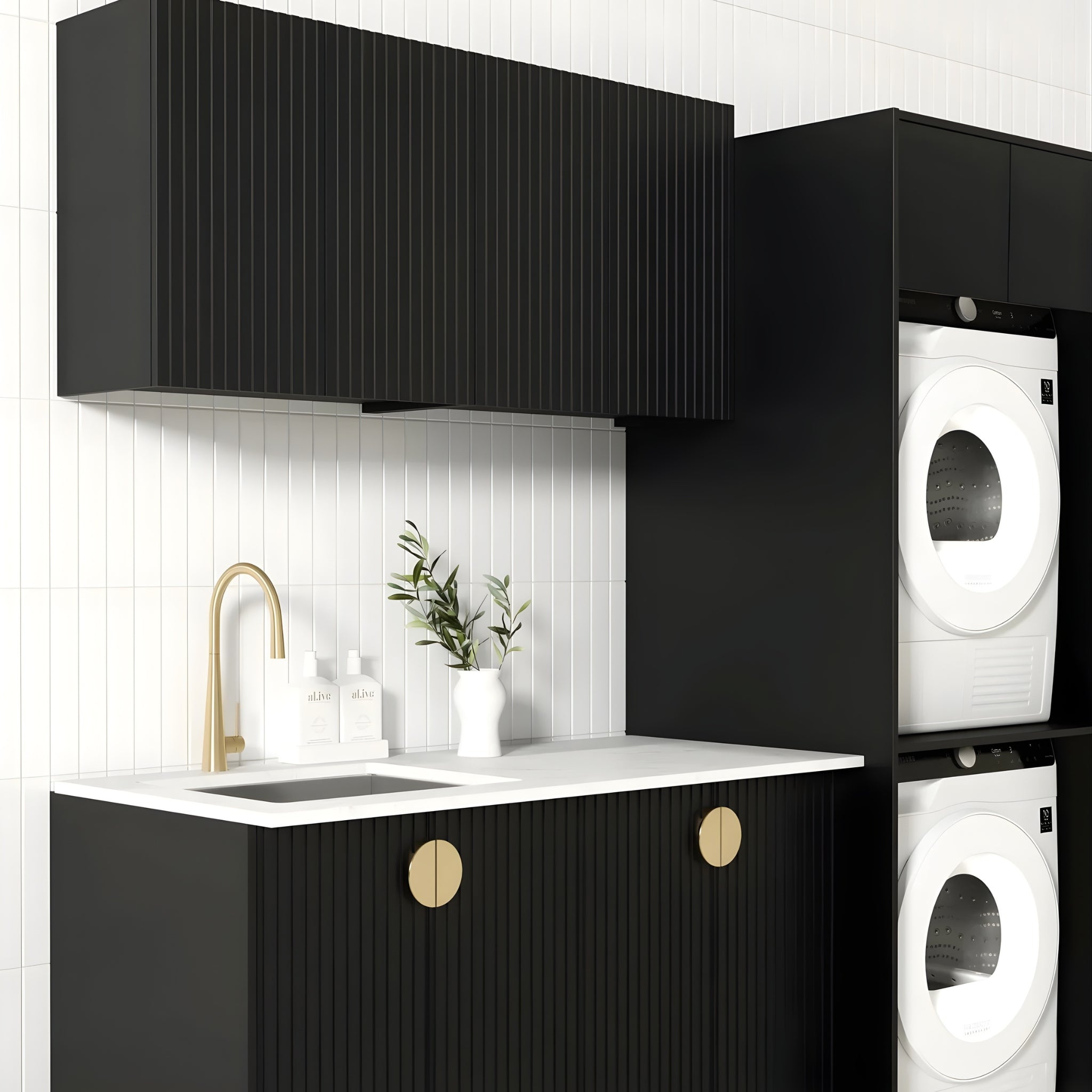 OTTI MARLO MATTE BLACK 1960MM LAUNDRY AND WALL CABINET WITH STONE TOP & SINK (PACKAGE-C)