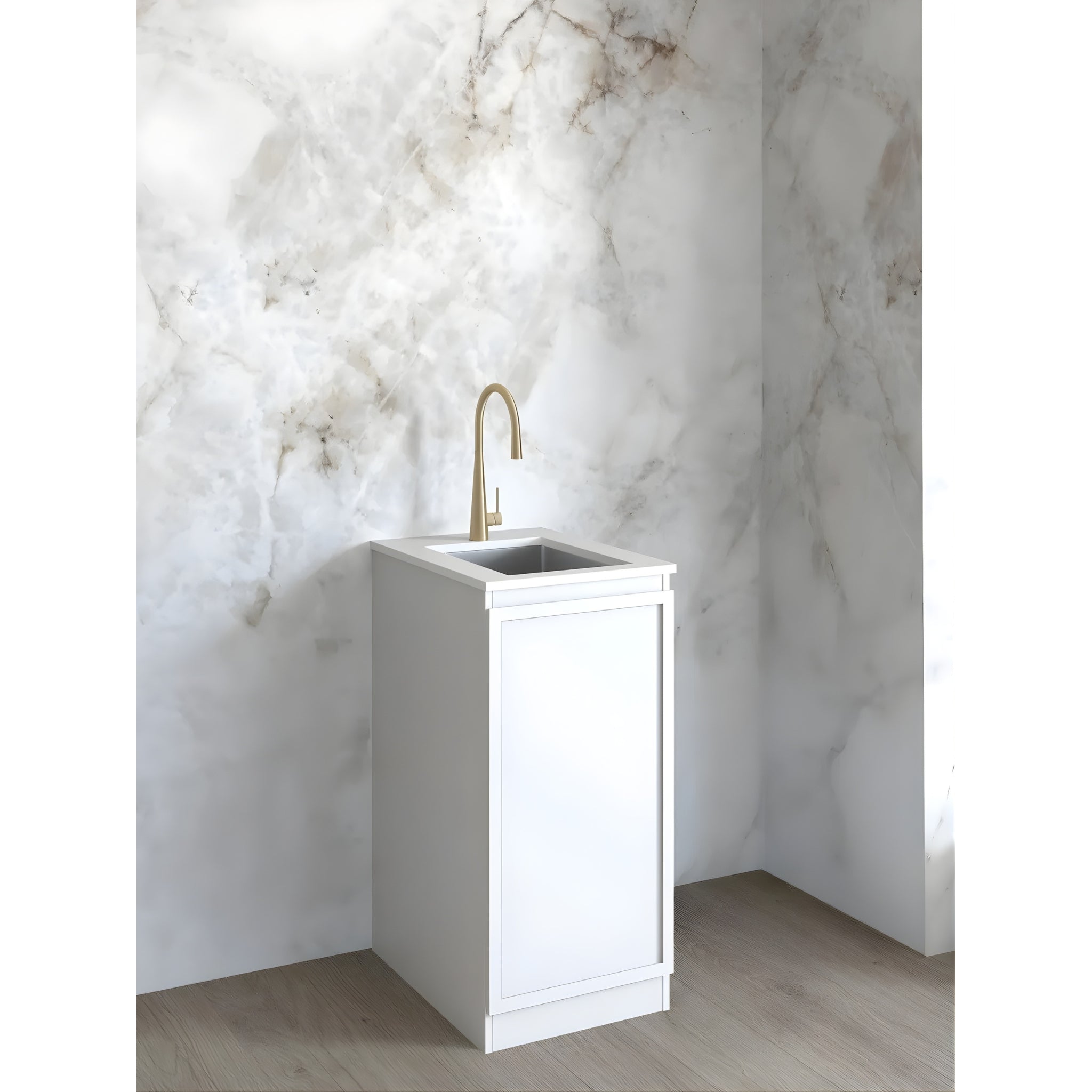 OTTI HAMPSHIRE MATTE WHITE 430MM MINI LAUNDRY CABINET WITH STONE TOP & SINK