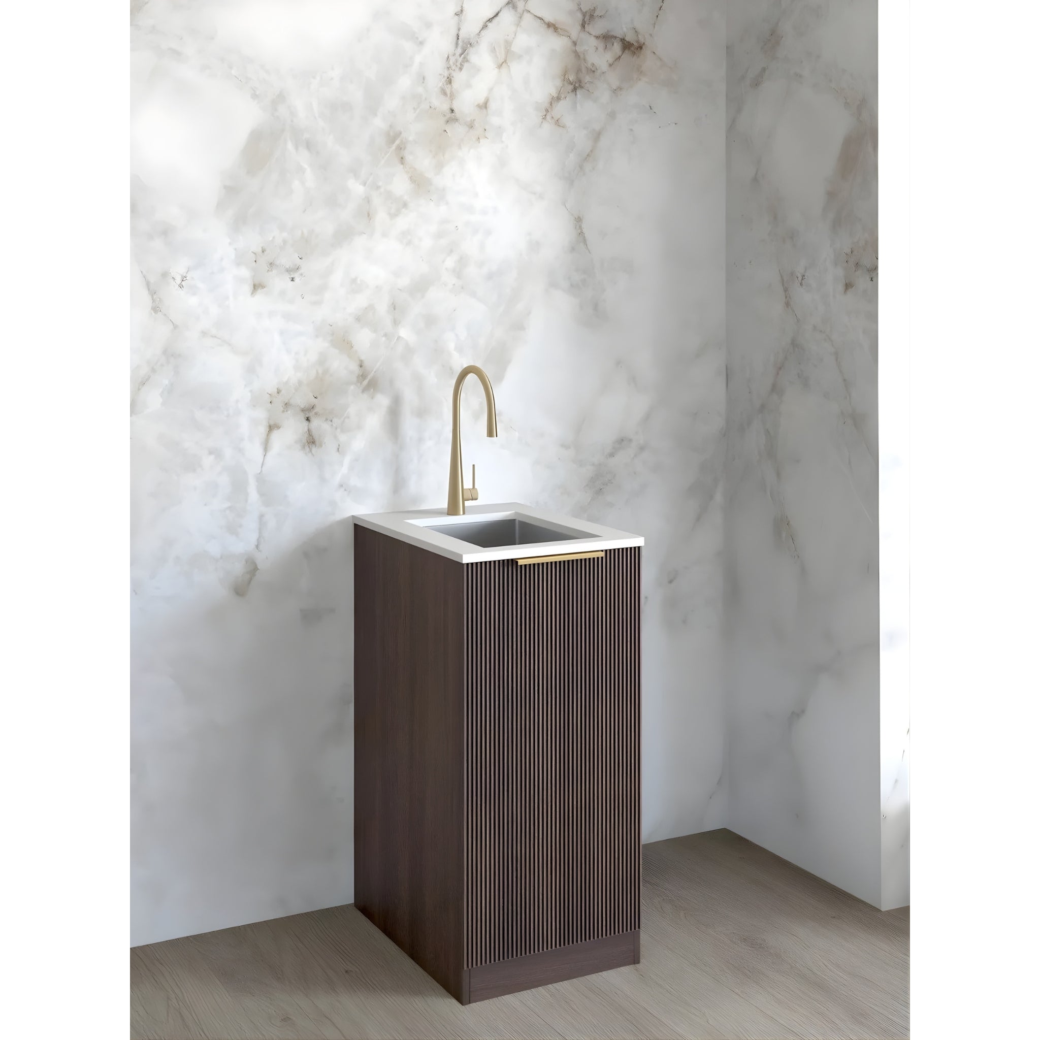 OTTI HAVANA SABLE WALNUT FLUTED 430MM MINI LAUNDRY CABINET WITH STONE TOP & SINK