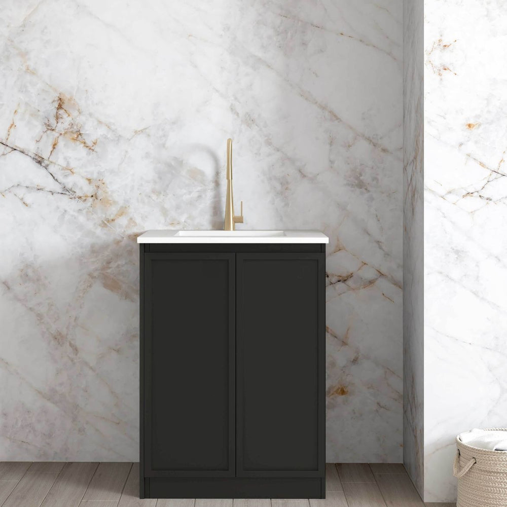 OTTI HAMPSHIRE MATTE BLACK 650MM MINI LAUNDRY CABINET WITH STONE TOP & SINK