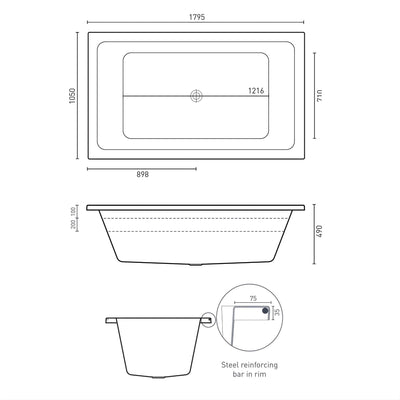 DECINA LAGO INSET CONTOUR SPA BATH GLOSS WHITE 1795MM WITH 18-JETS