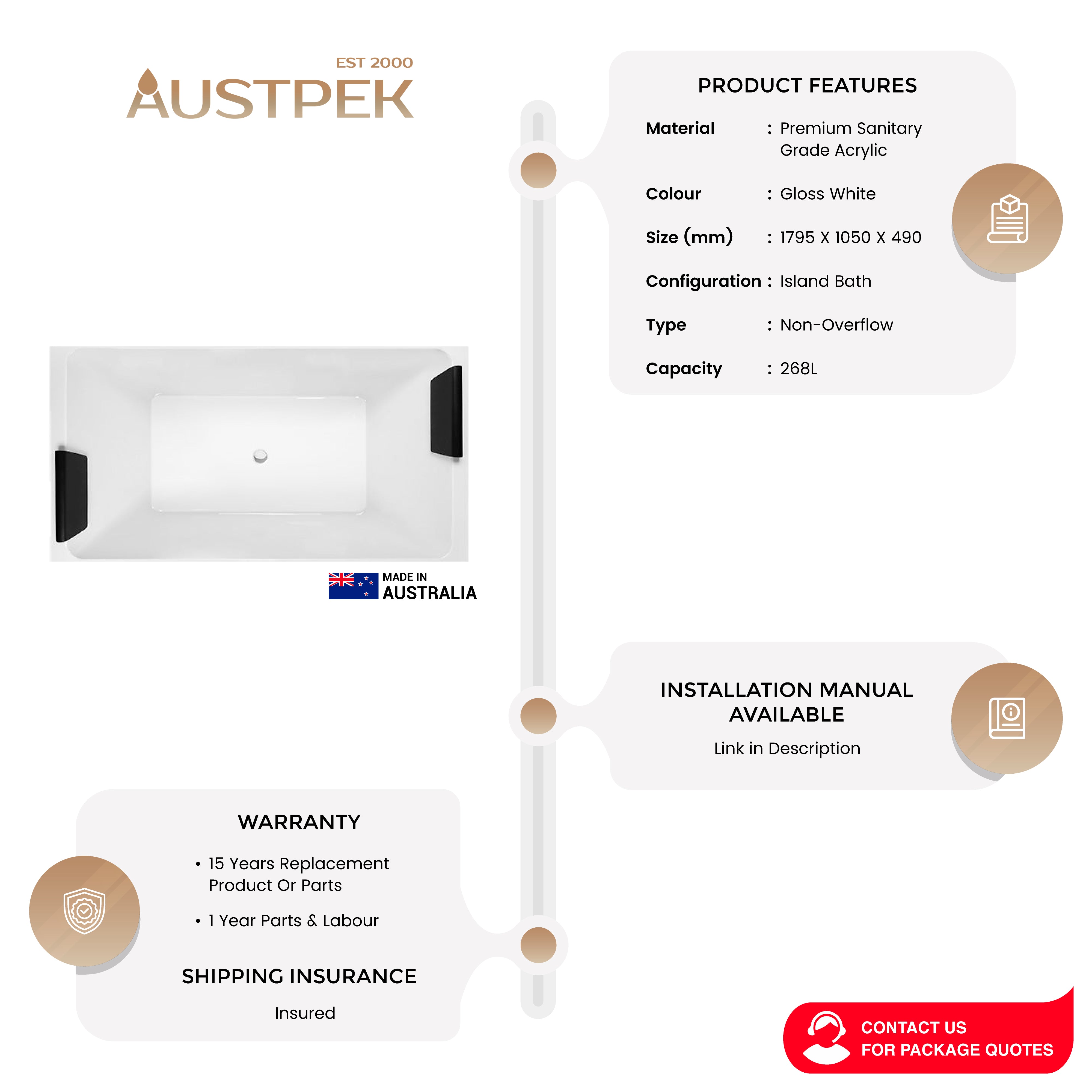 DECINA LAGO ISLAND BATH GLOSS WHITE 1795MM