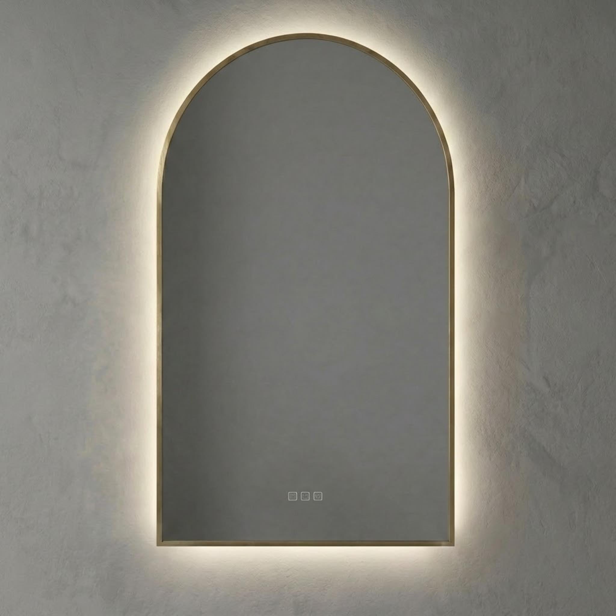 VITO LUMIX ARCHED FRAMED BACKLIT SMART LED MIRROR BRUSHED BRASS 500X750MM