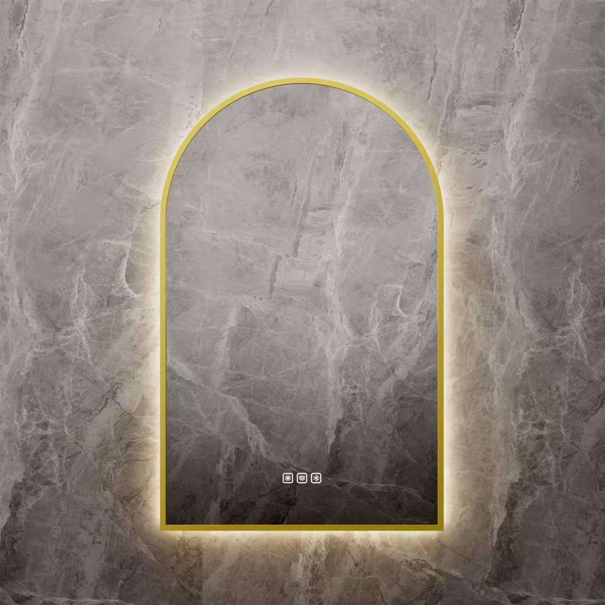 VITO LUMIX ARCHED FRAMED BACKLIT SMART LED MIRROR BRUSHED BRASS 500X750MM