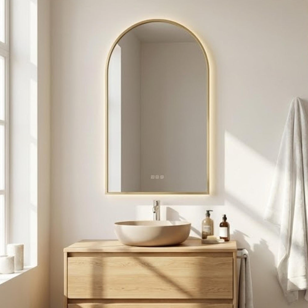 VITO LUMIX ARCHED FRAMED BACKLIT SMART LED MIRROR BRUSHED BRASS 500X750MM