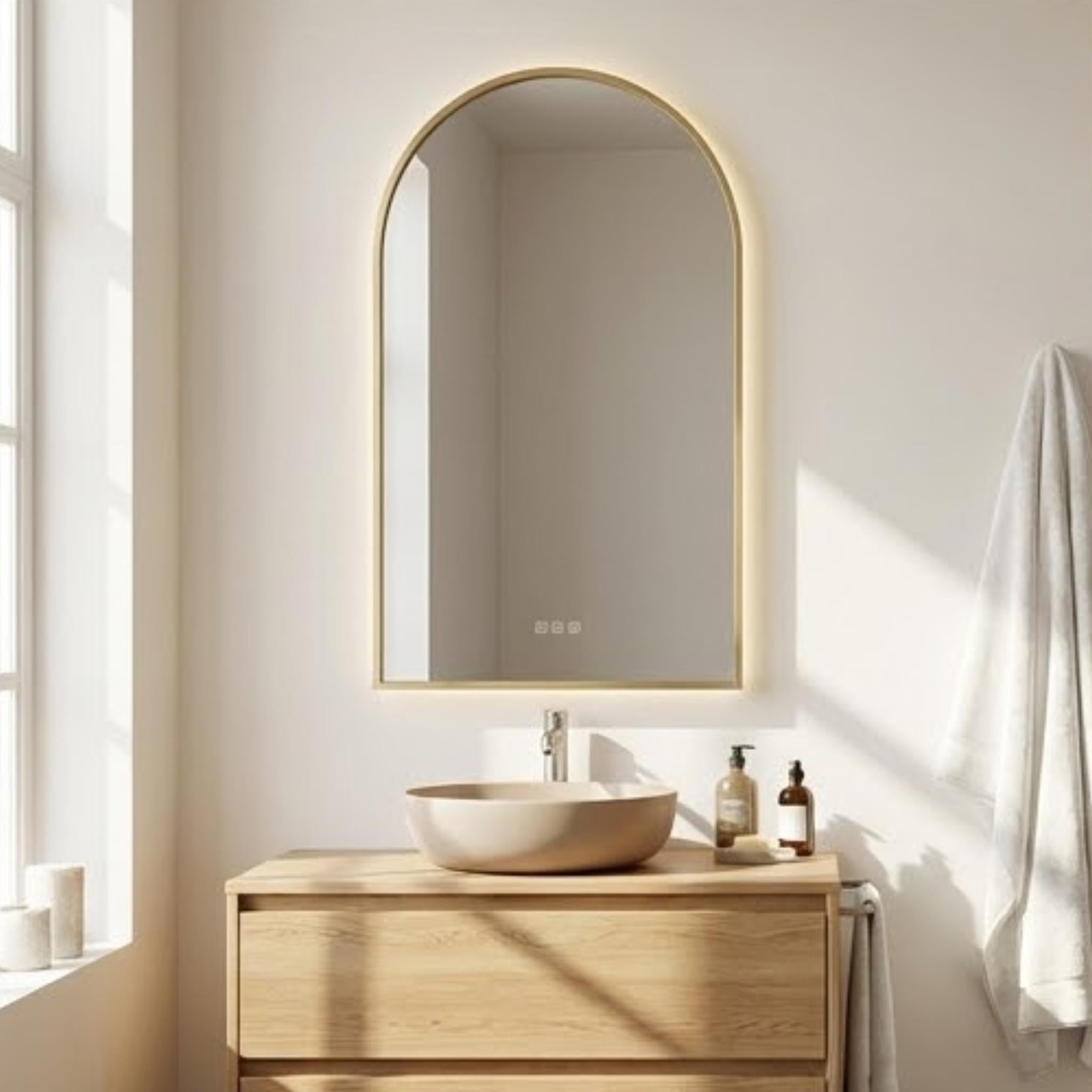 VITO LUMIX ARCHED FRAMED BACKLIT SMART LED MIRROR BRUSHED BRASS 500X750MM