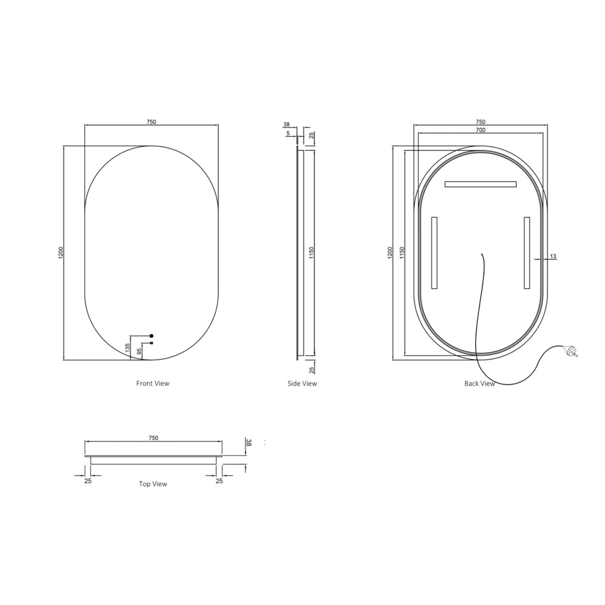 OTTI NOOSA FRAMELESS LED MIRROR 750X1200MM