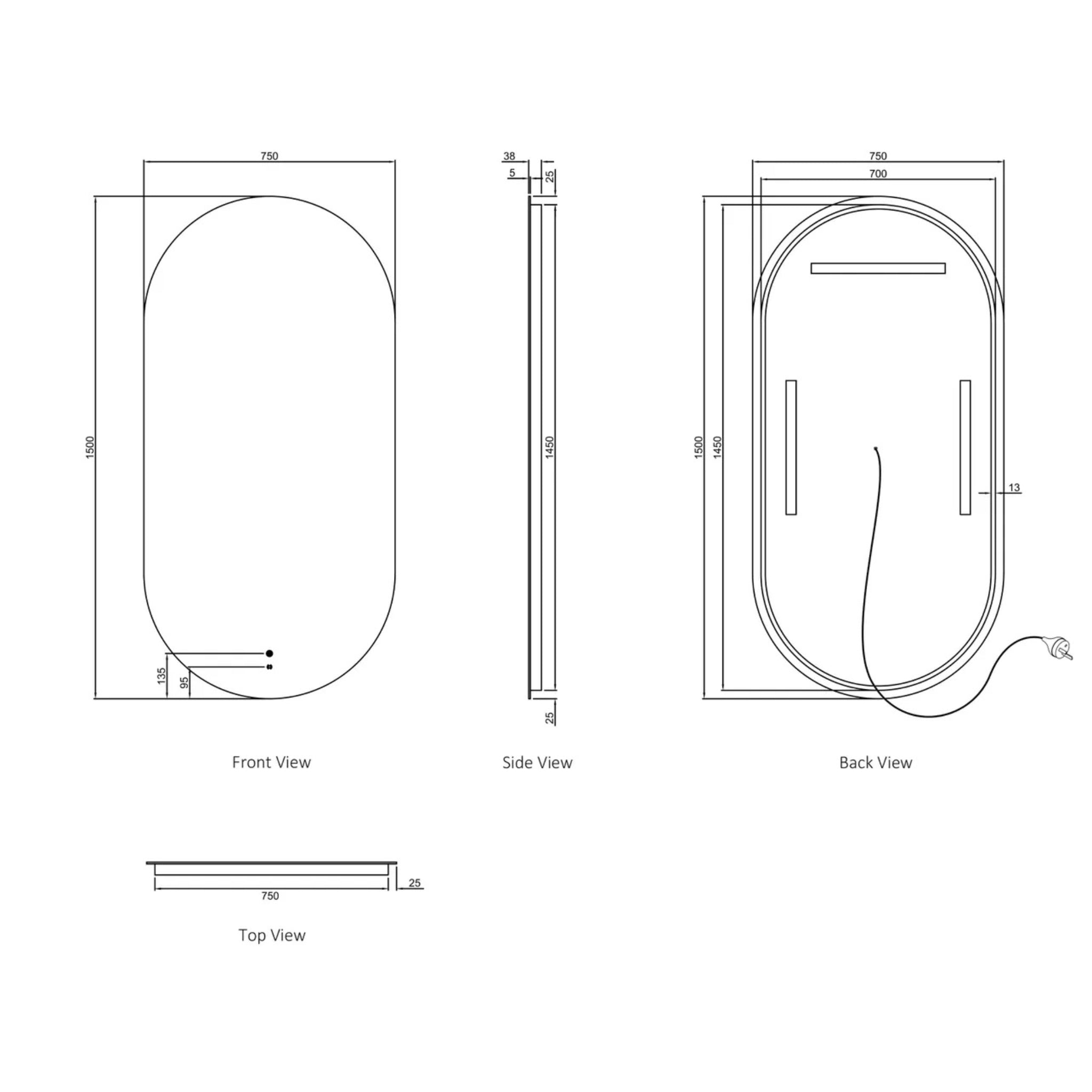 OTTI NOOSA FRAMELESS LED MIRROR 750X1500MM