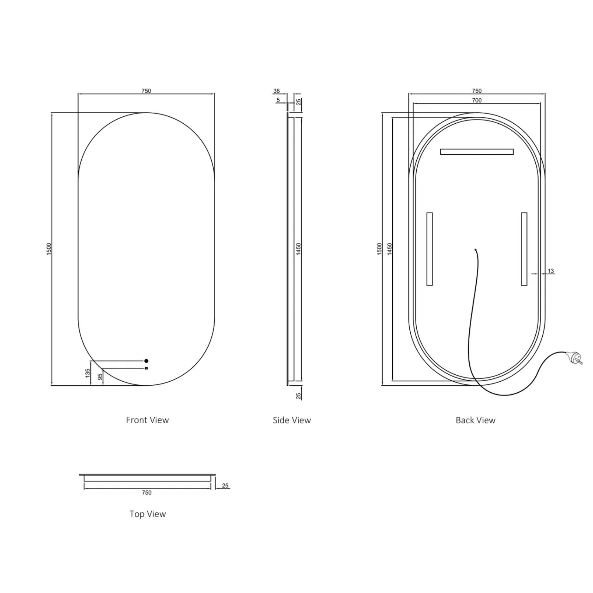 OTTI NOOSA FRAMELESS LED MIRROR 750X1800MM