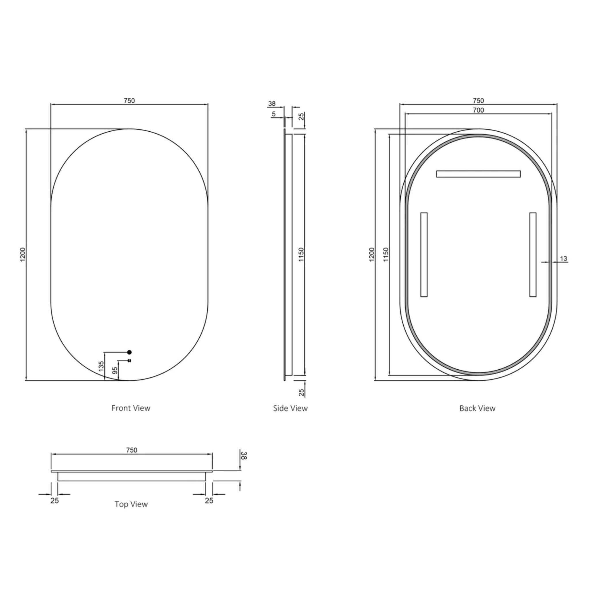 OTTI NOOSA METAL FRAMED LED MIRROR MATTE BLACK 750X1200MM
