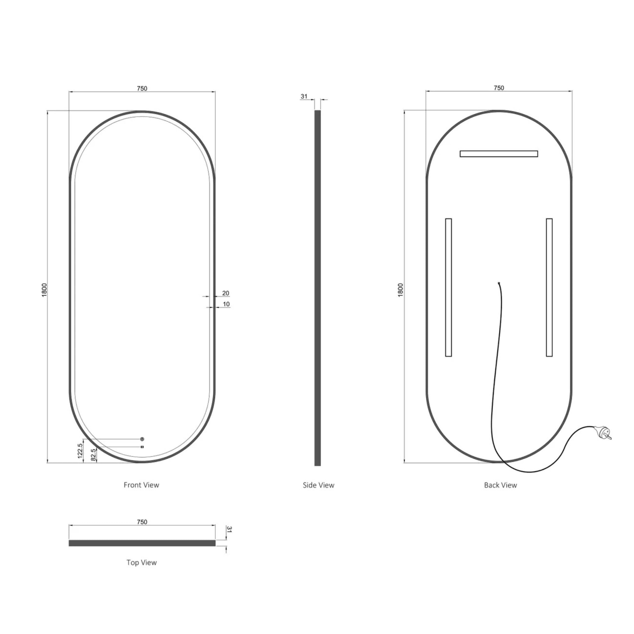 OTTI NOOSA METAL FRAMED OVAL LED MIRROR MATTE WHITE 750X1800MM