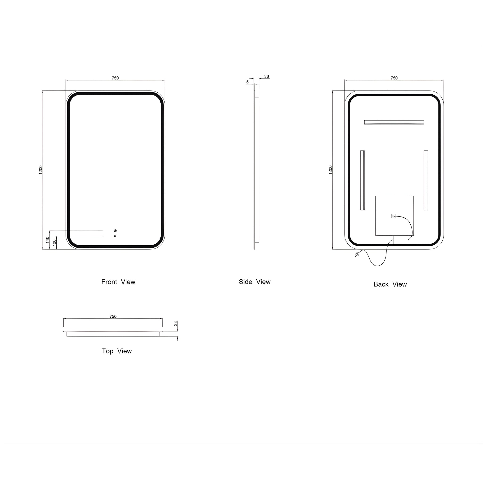 OTTI NEWPORT FRAMELESS LED MIRROR 750X1200MM