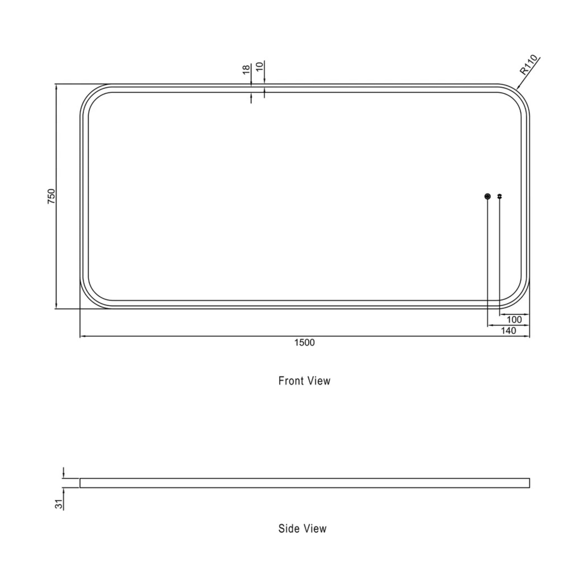 OTTI NEWPORT METAL FRAMED LED MIRROR BLACK 1500X750MM