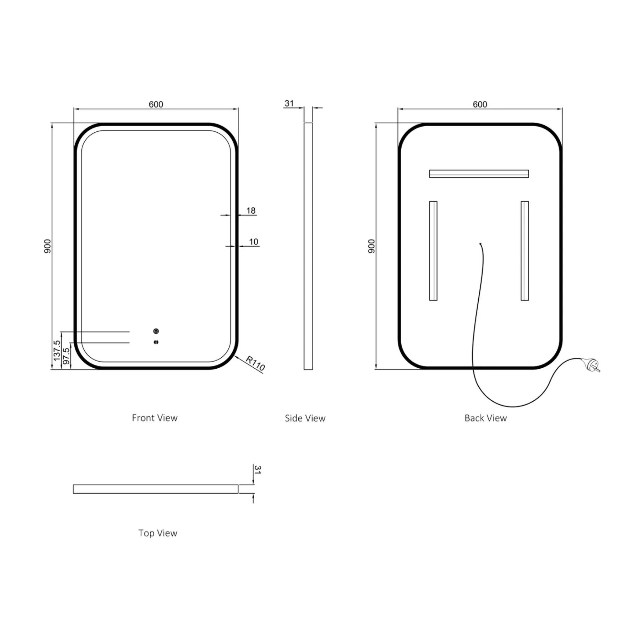 OTTI NEWPORT METAL FRAMED LED MIRROR MATTE BLACK 600X900MM