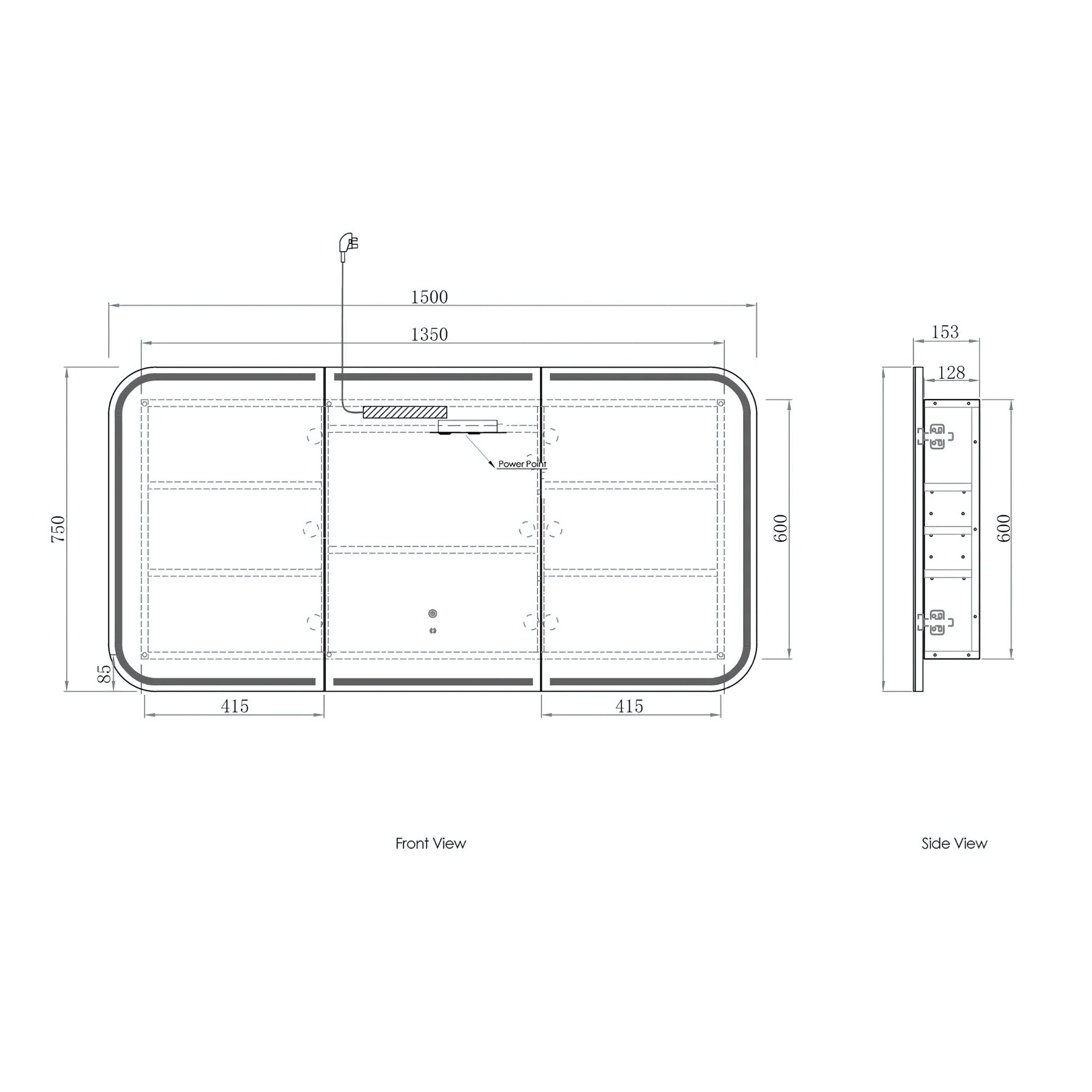 OTTI NEWPORT BLACK OAK LED SHAVING CABINET WITH POWERPOINT 1500X750MM