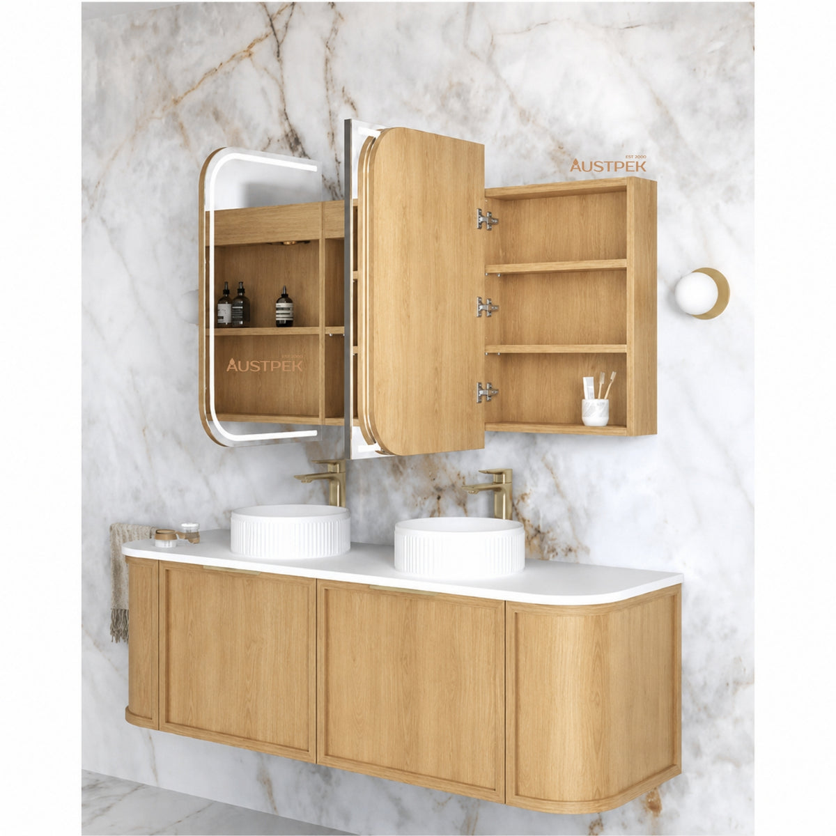 OTTI NEWPORT NATURAL OAK LED SHAVING CABINET WITH POWERPOINT 3 COLOUR LIGHTS 1500X750MM