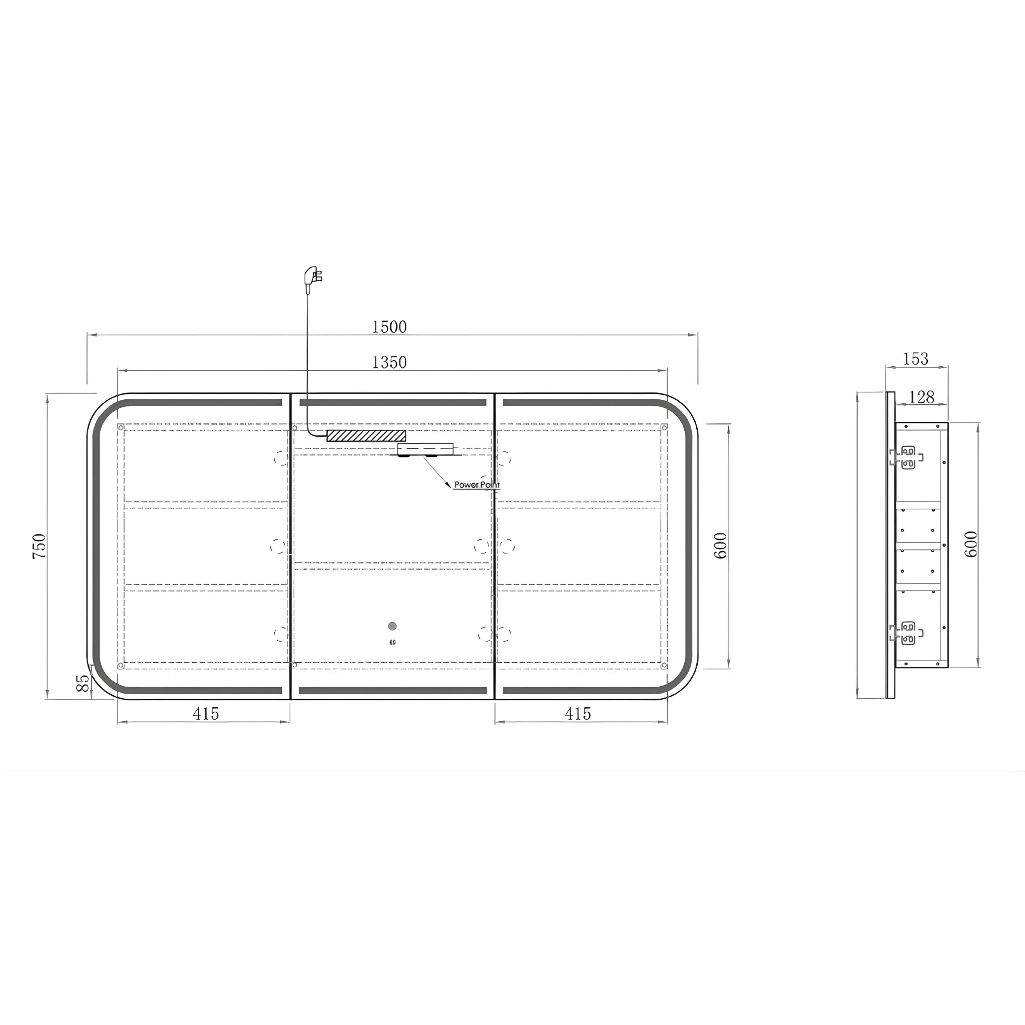 OTTI NEWPORT SABLE WALNUT LED SHAVING CABINET WITH POWERPOINT 1500X750MM