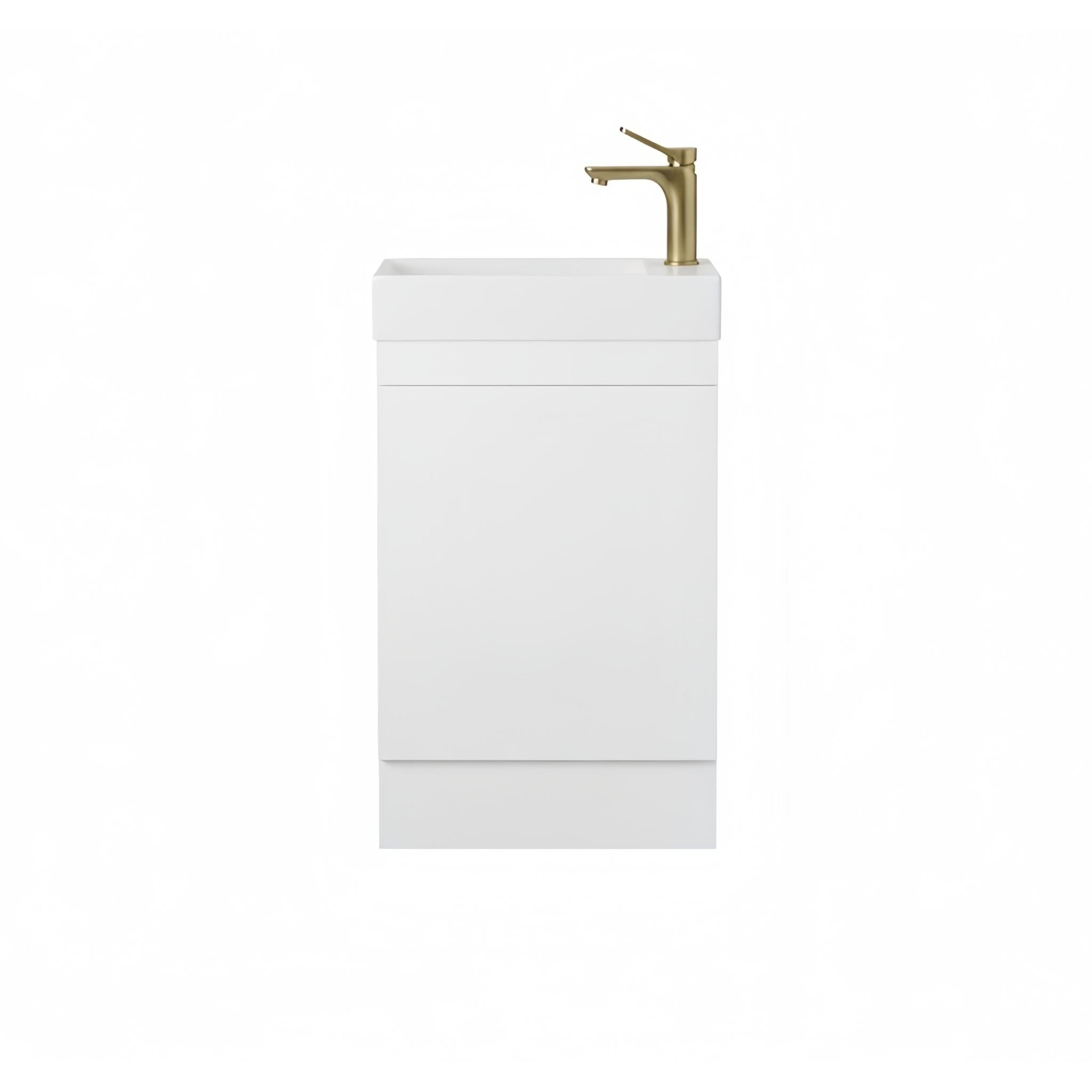 LUKKA ALPHA MINI GLOSS WHITE 450MM SPACE SAVING SINGLE BOWL FLOOR STANDING VANITY WITH KICKBOARD