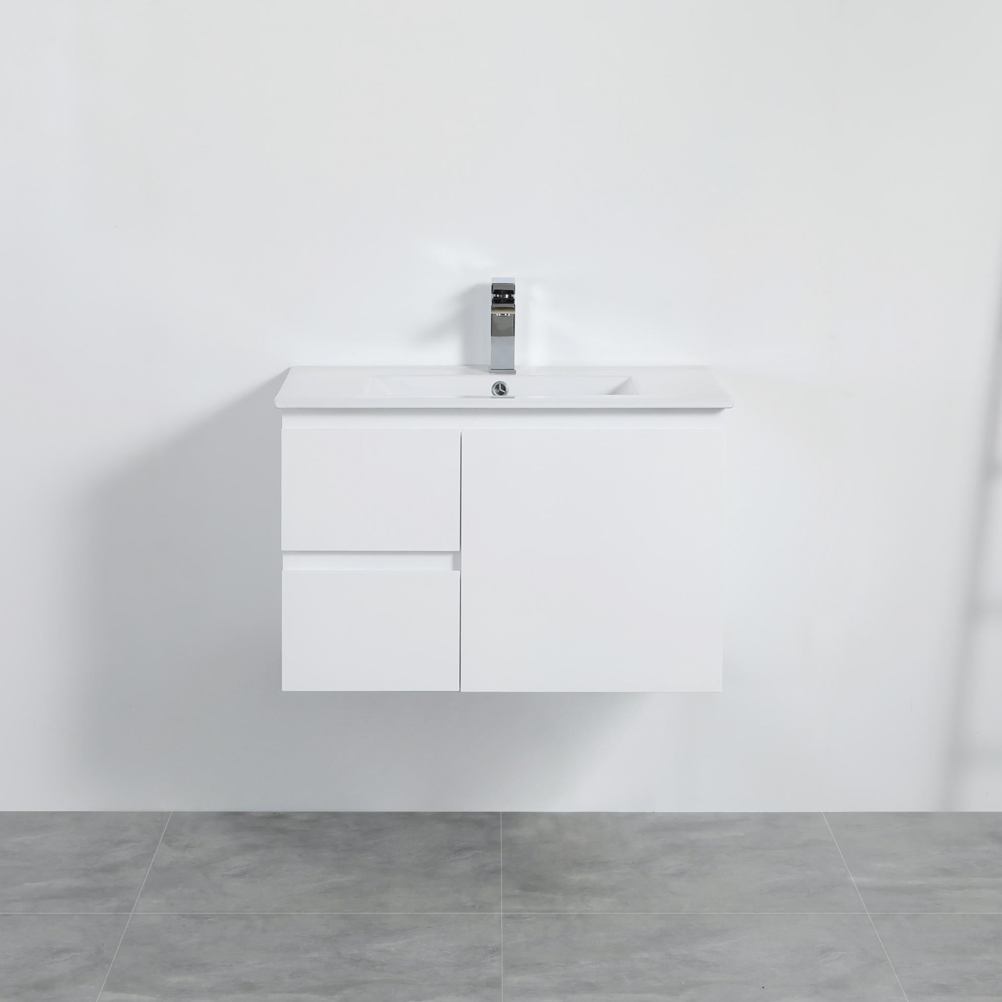LUKKA ALPHA ENSUITE GLOSS WHITE 750MM SPACE SAVING WALL HUNG VANITY (AVAILABLE IN LEFT AND RIGHT HAND DRAWER)