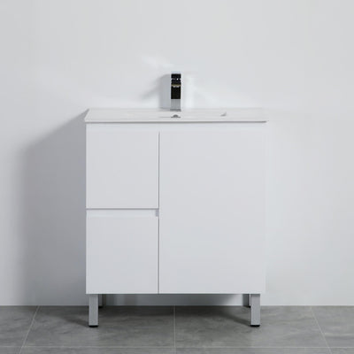 LUKKA ALPHA ENSUITE GLOSS WHITE 750MM SPACE SAVING FLOOR STANDING VANITY (AVAILABLE IN LEFT AND RIGHT HAND DRAWER)