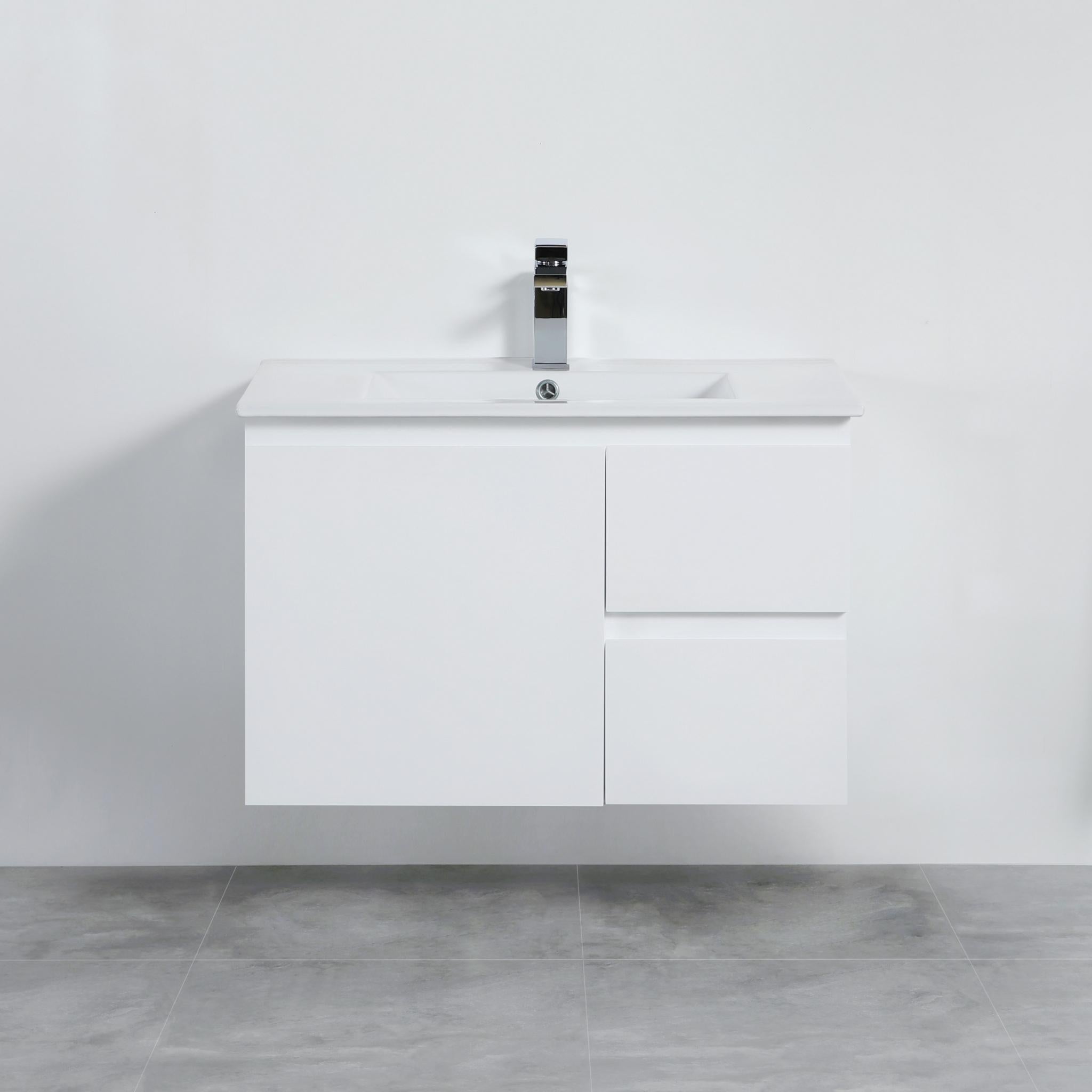 LUKKA ALPHA ENSUITE GLOSS WHITE 750MM SPACE SAVING WALL HUNG VANITY (AVAILABLE IN LEFT AND RIGHT HAND DRAWER)