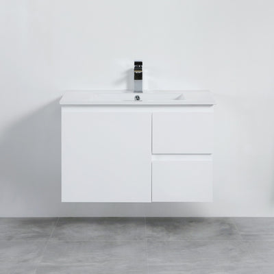 LUKKA ALPHA ENSUITE GLOSS WHITE 750MM SPACE SAVING WALL HUNG VANITY (AVAILABLE IN LEFT AND RIGHT HAND DRAWER)