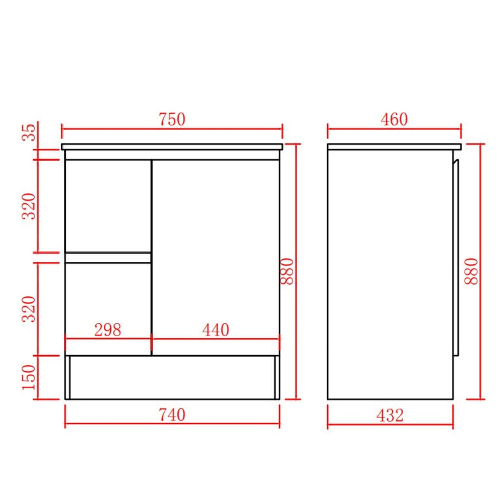 LUKKA ALPHA GLOSS WHITE 750MM SINGLE BOWL FLOOR STANDING VANITY WITH KICKBOARD (AVAILABLE IN LEFT AND RIGHT HAND DRAWER)