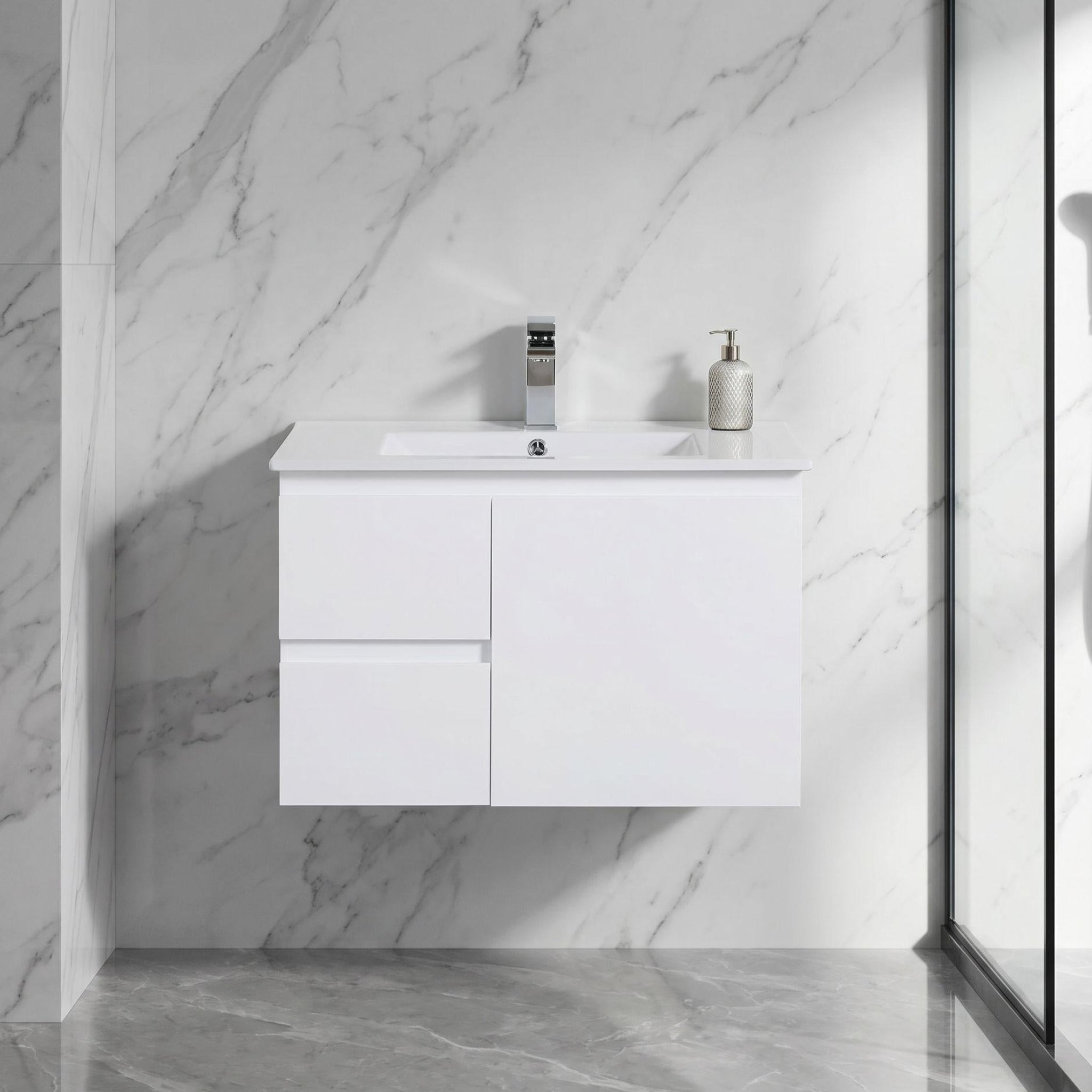 LUKKA ALPHA GLOSS WHITE 750MM SINGLE BOWL WALL HUNG VANITY (AVAILABLE IN LEFT AND RIGHT HAND DRAWER)