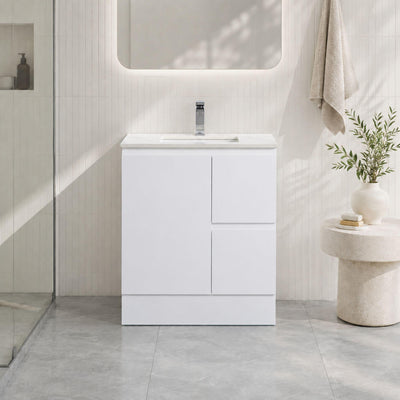 LUKKA ALPHA GLOSS WHITE 750MM SINGLE BOWL FLOOR STANDING VANITY WITH KICKBOARD (AVAILABLE IN LEFT AND RIGHT HAND DRAWER)