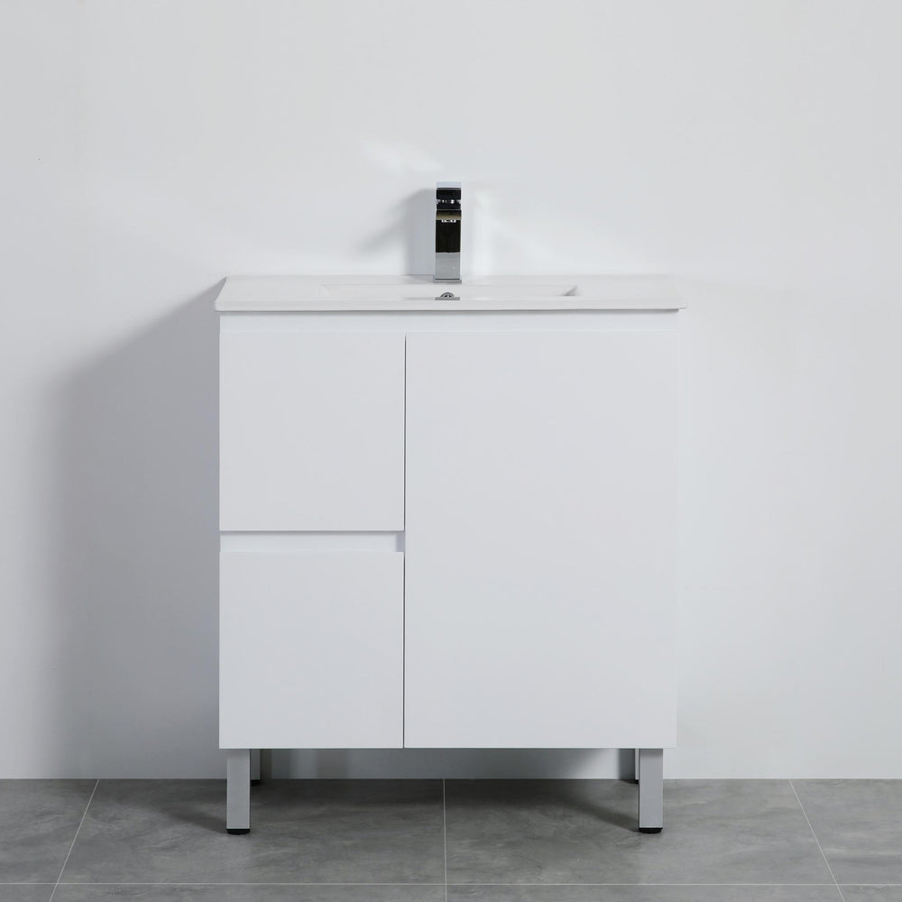 LUKKA ALPHA GLOSS WHITE 750MM SINGLE BOWL FLOOR STANDING VANITY (AVAILABLE IN LEFT AND RIGHT HAND DRAWER)