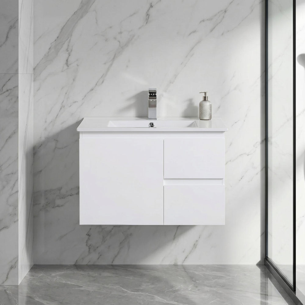 LUKKA ALPHA GLOSS WHITE 750MM SINGLE BOWL WALL HUNG VANITY (AVAILABLE IN LEFT AND RIGHT HAND DRAWER)