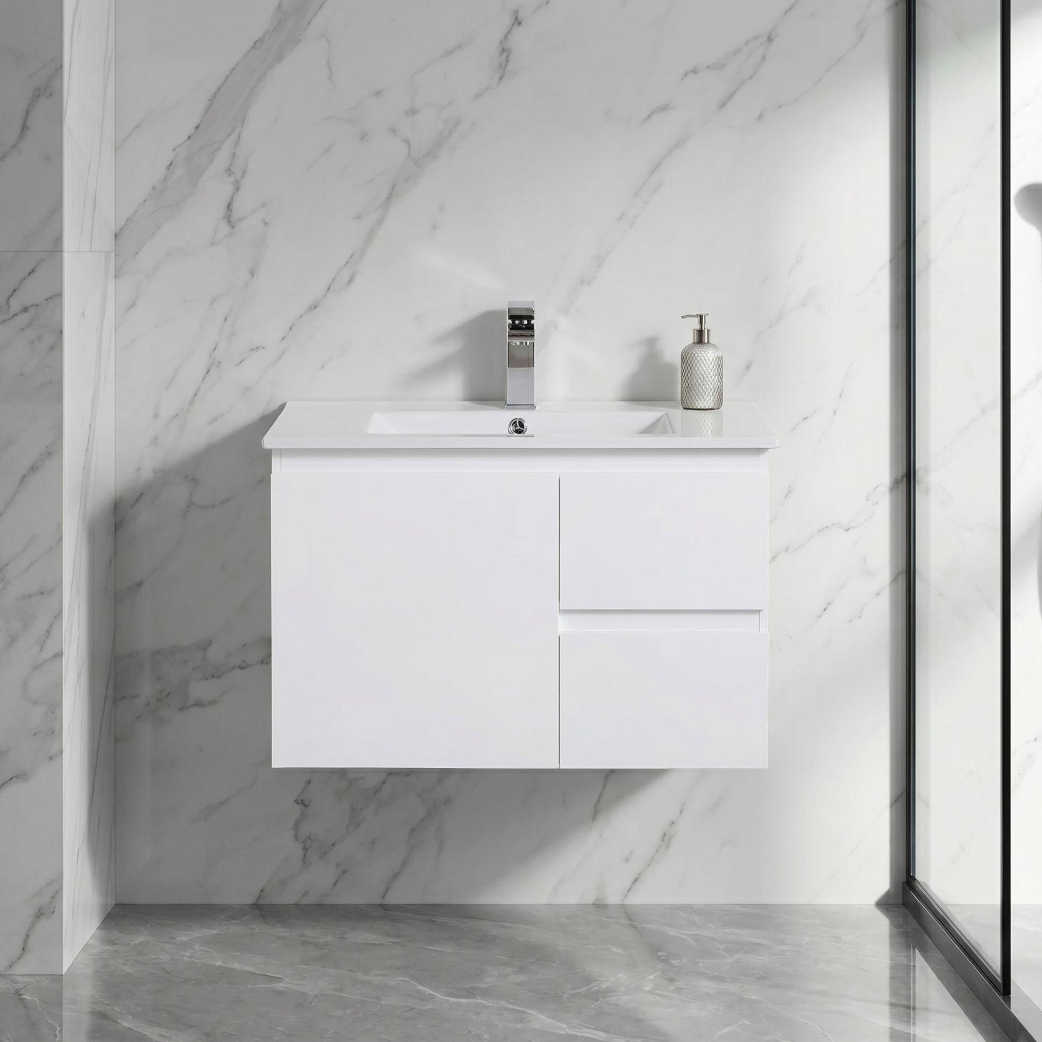 LUKKA ALPHA GLOSS WHITE 750MM SINGLE BOWL WALL HUNG VANITY (AVAILABLE IN LEFT AND RIGHT HAND DRAWER)