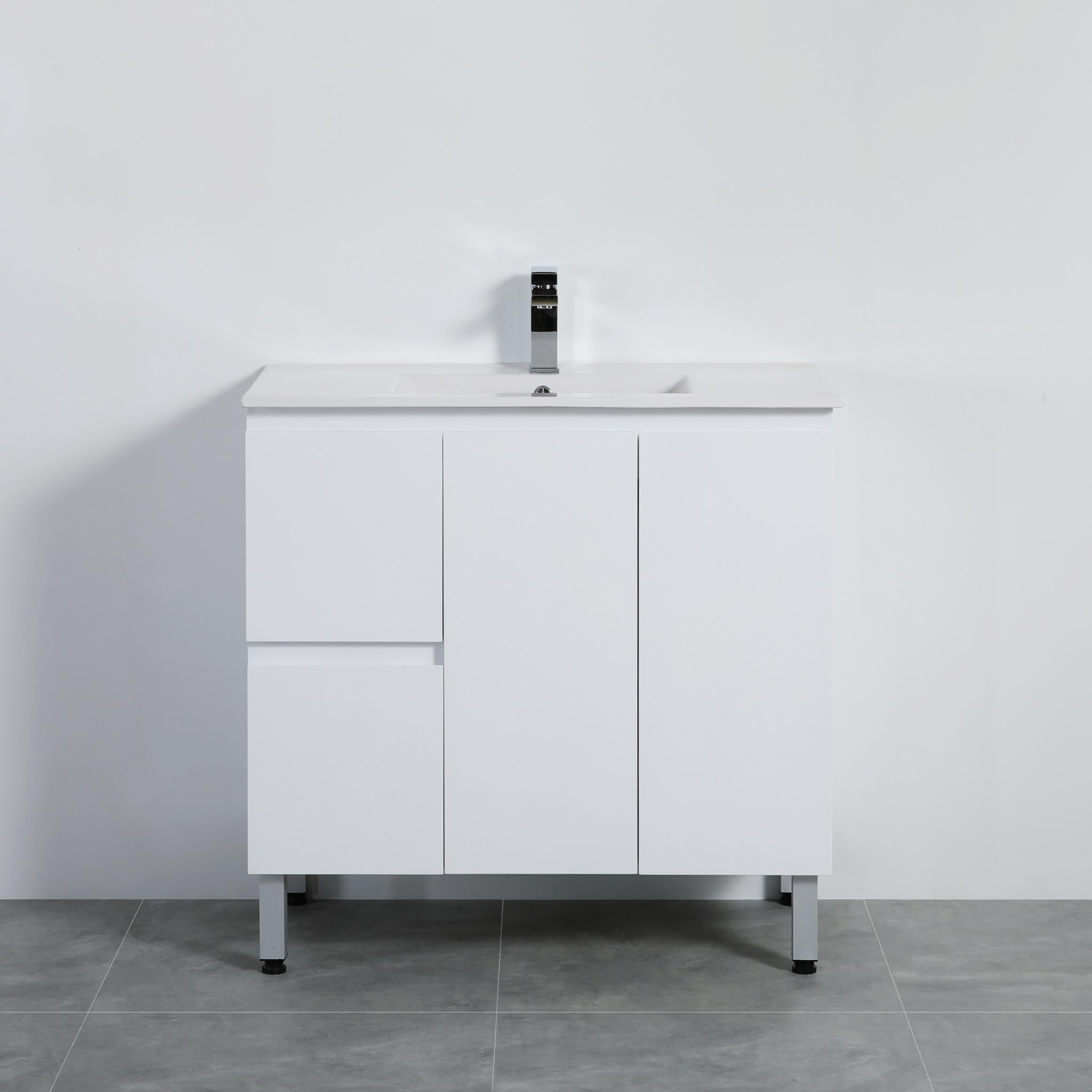LUKKA ALPHA ENSUITE GLOSS WHITE 900MM SPACE SAVING FLOOR STANDING VANITY AVAILABLE IN LEFT AND RIGHT HAND DRAWER)