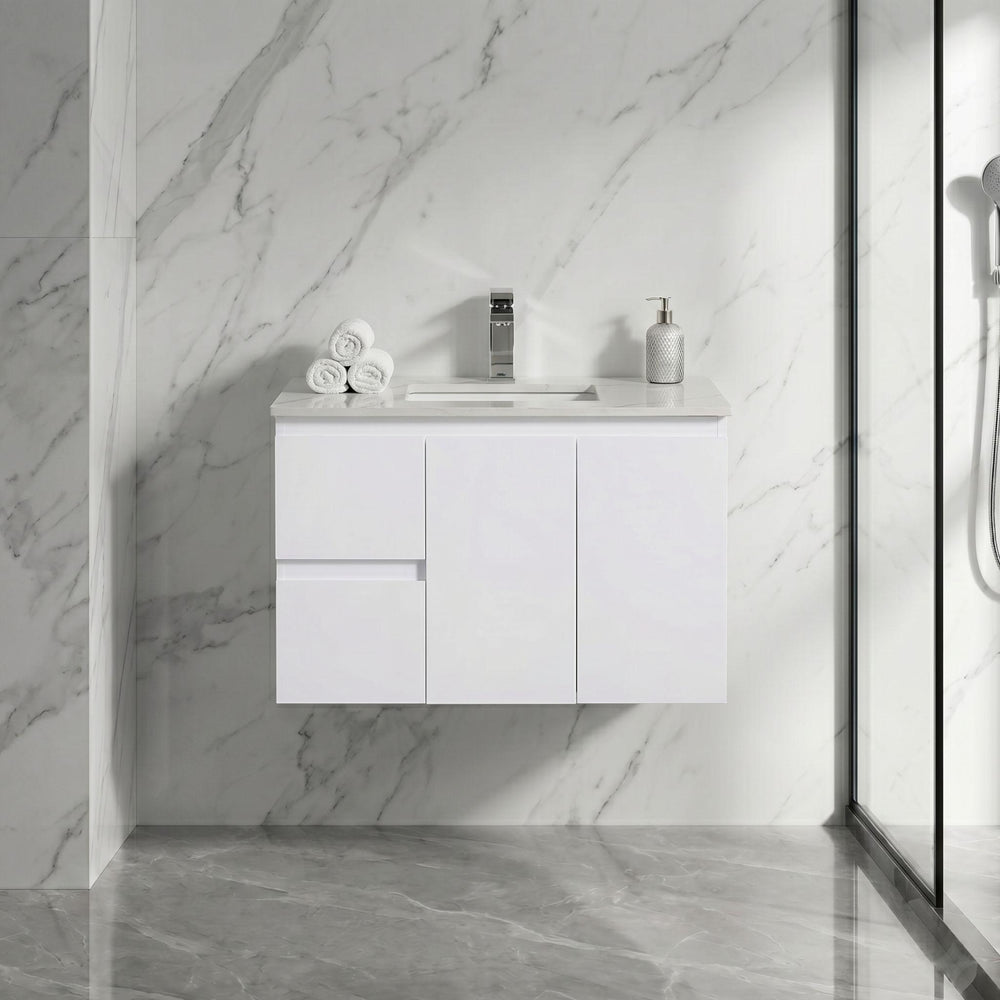 LUKKA ALPHA ENSUITE GLOSS WHITE 900MM SPACE SAVING WALL HUNG VANITY (AVAILABLE IN LEFT AND RIGHT HAND DRAWER)