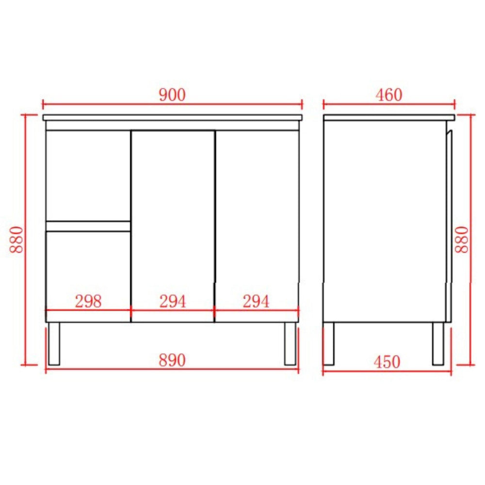 LUKKA ALPHA GLOSS WHITE 900MM SINGLE BOWL FLOOR STANDING VANITY (AVAILABLE IN LEFT AND RIGHT HAND DRAWER)