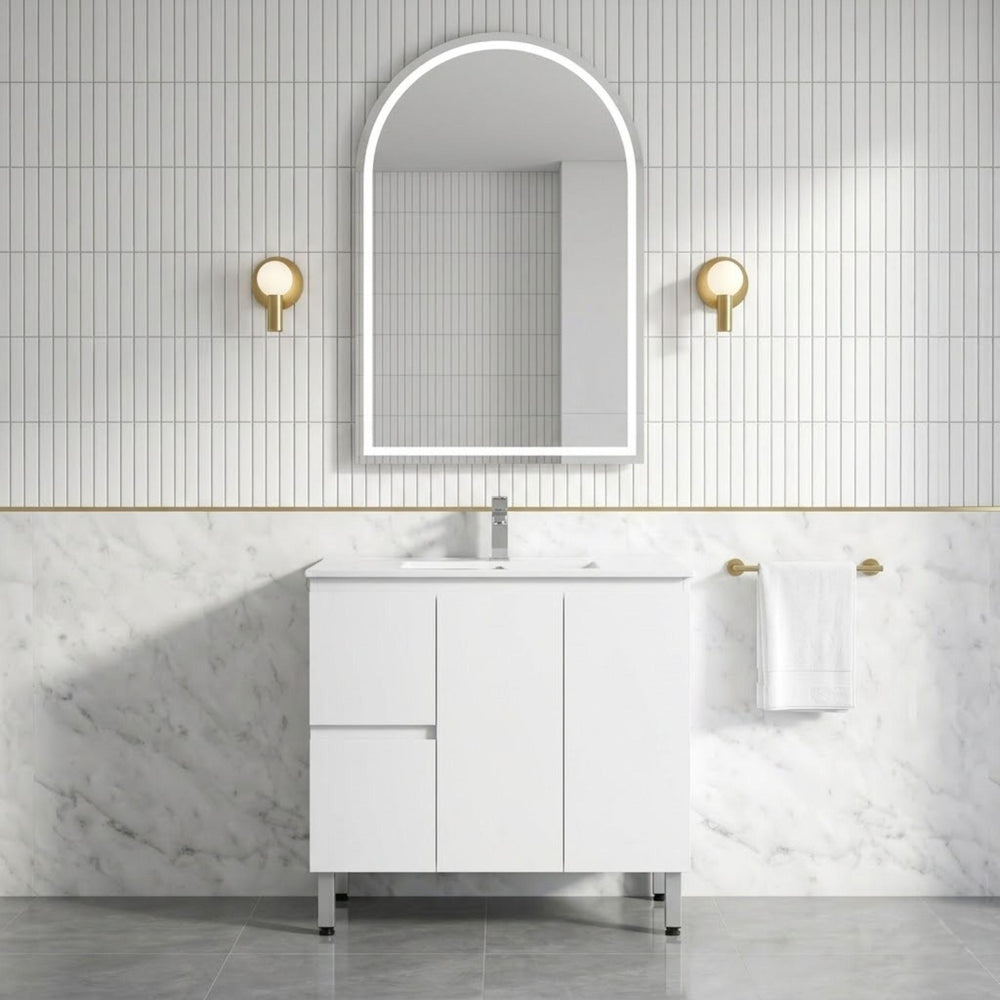 LUKKA ALPHA GLOSS WHITE 900MM SINGLE BOWL FLOOR STANDING VANITY (AVAILABLE IN LEFT AND RIGHT HAND DRAWER)
