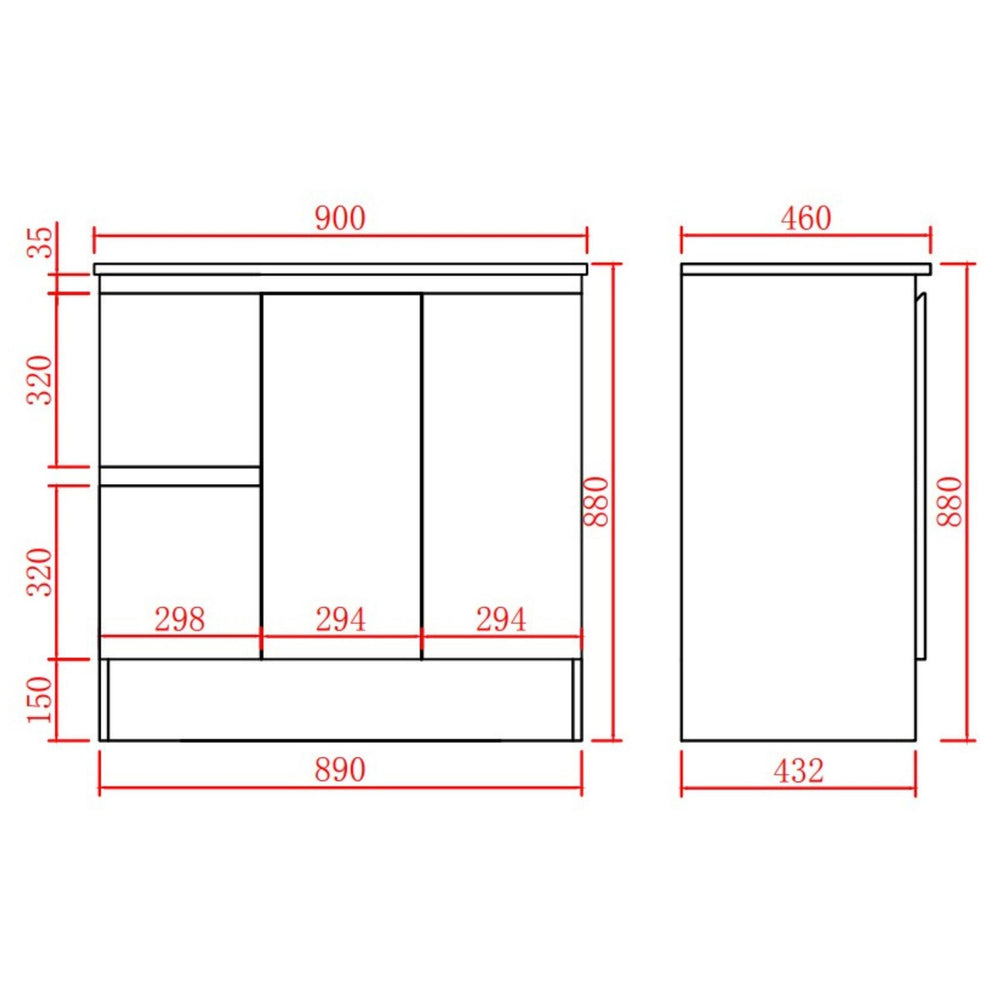 LUKKA ALPHA GLOSS WHITE 900MM SINGLE BOWL FLOOR STANDING VANITY WITH KICKBOARD (AVAILABLE IN LEFT AND RIGHT HAND DRAWER)
