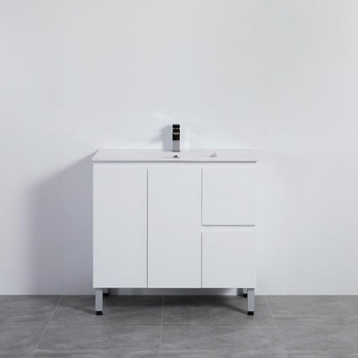 LUKKA ALPHA GLOSS WHITE 900MM SINGLE BOWL FLOOR STANDING VANITY (AVAILABLE IN LEFT AND RIGHT HAND DRAWER)