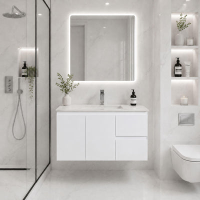 LUKKA ALPHA GLOSS WHITE 900MM SINGLE BOWL WALL HUNG VANITY (AVAILABLE IN LEFT AND RIGHT HAND DRAWER)